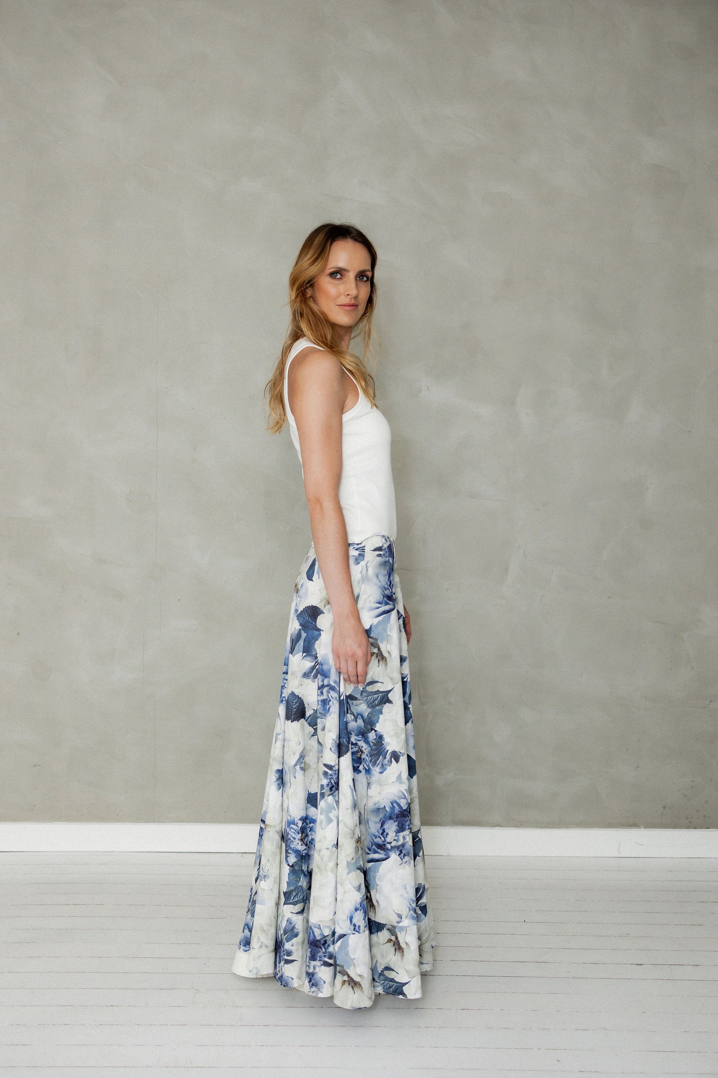 Never Be Maxi Cotton Skirt Blue Floral Print side view
