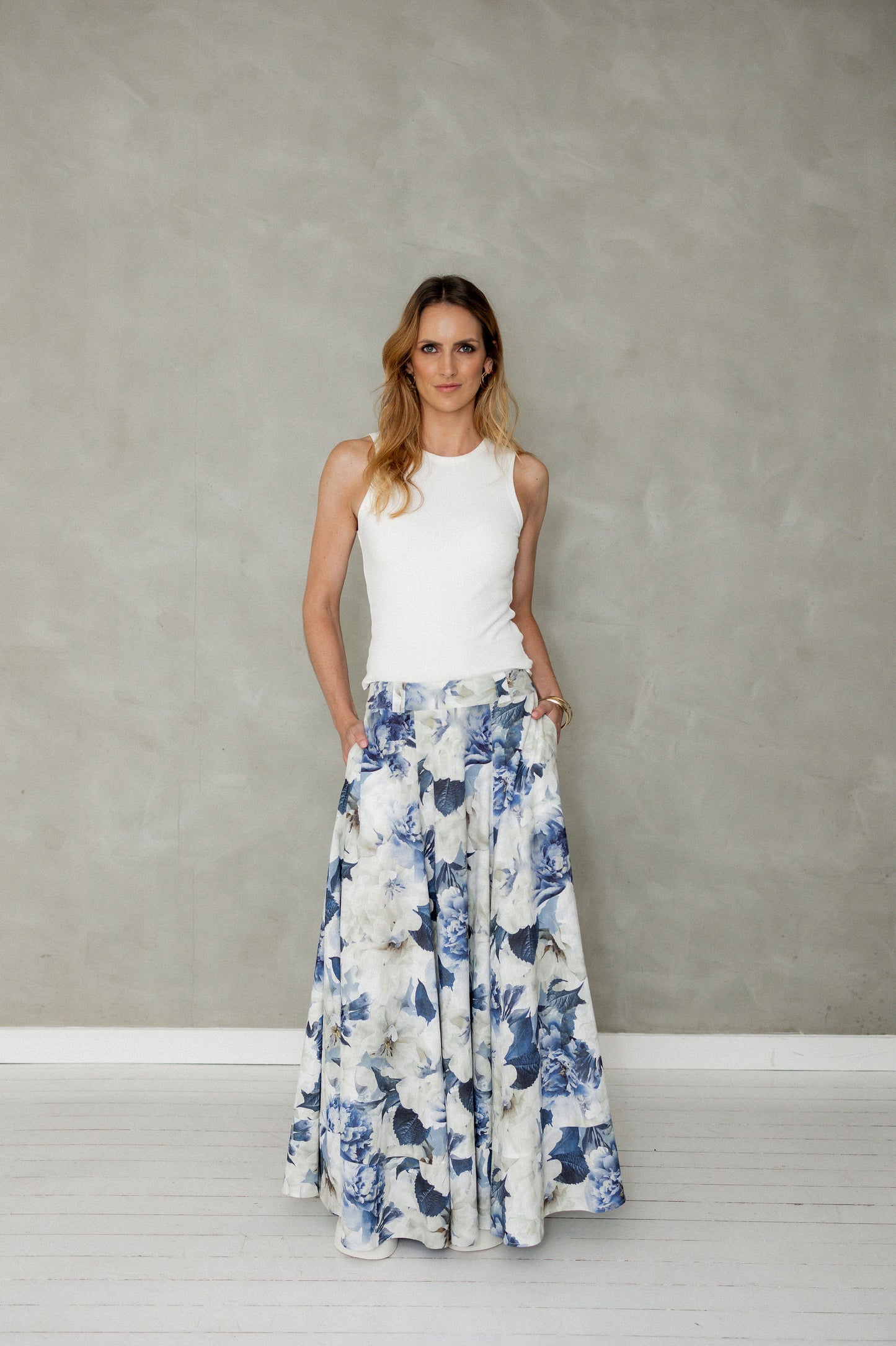 Never Be Maxi Cotton Skirt Blue Floral Print front view