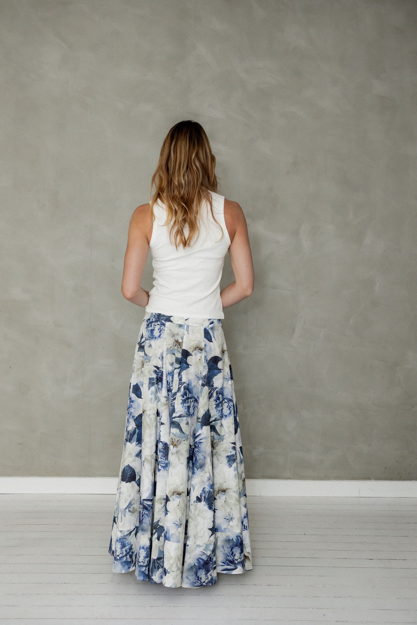 Never Be Maxi Cotton Skirt Blue Floral Print back view
