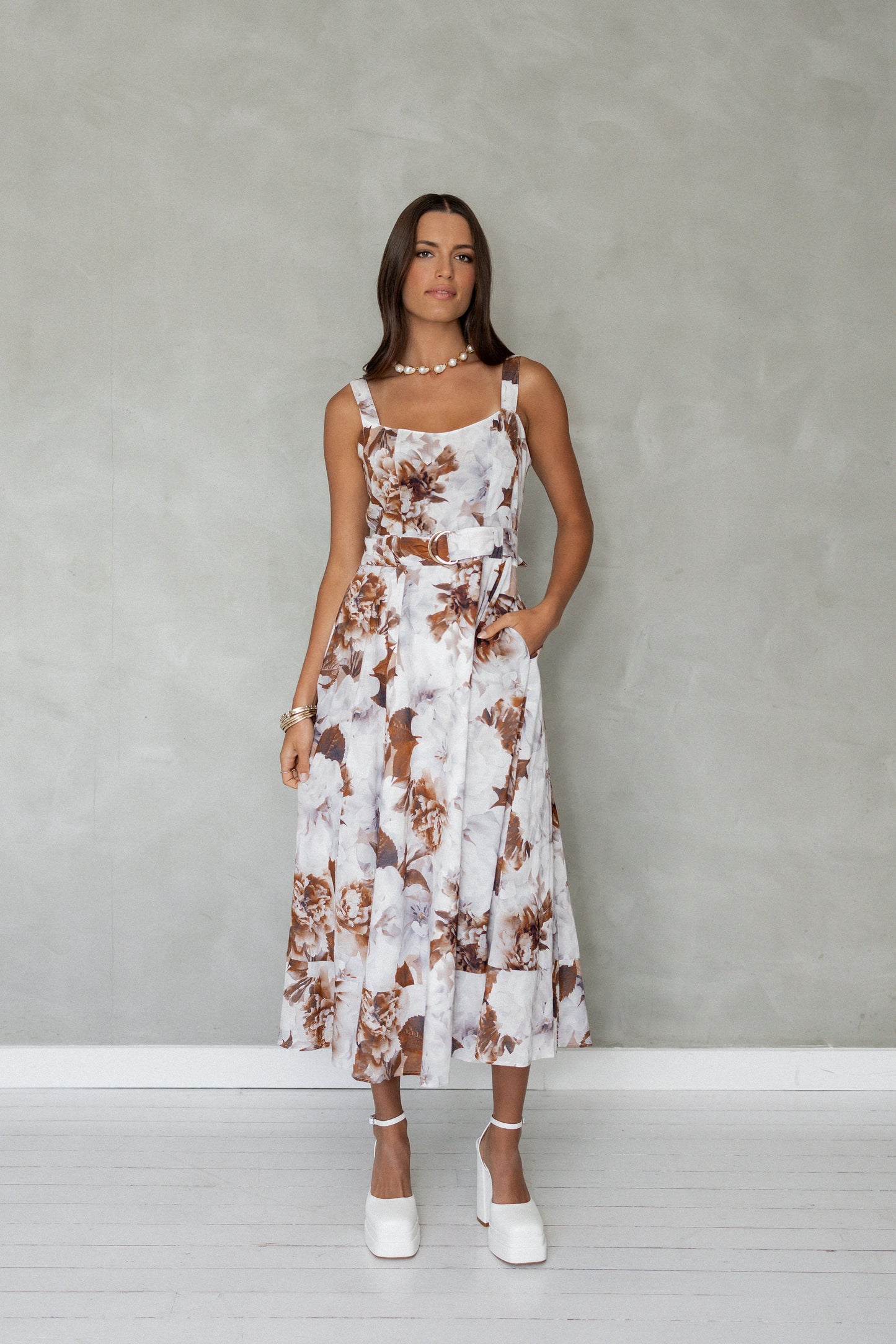 Wait For Me Cotton Midi Dress Brown Floral front view