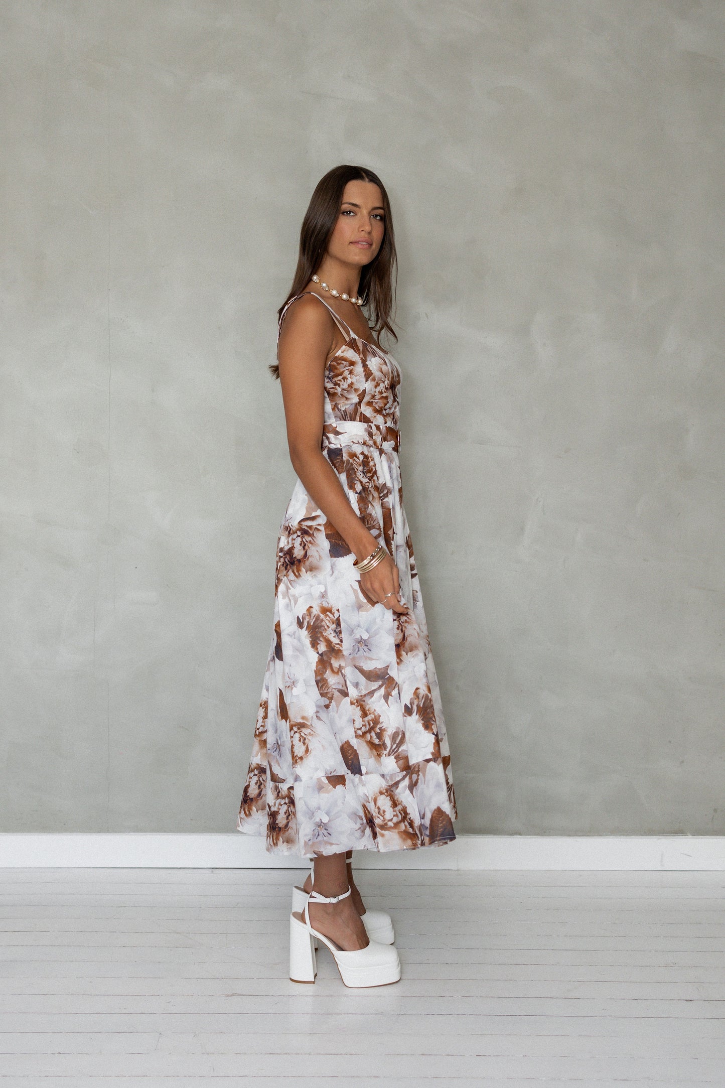 Wait For Me Cotton Midi Dress Brown Floral side view