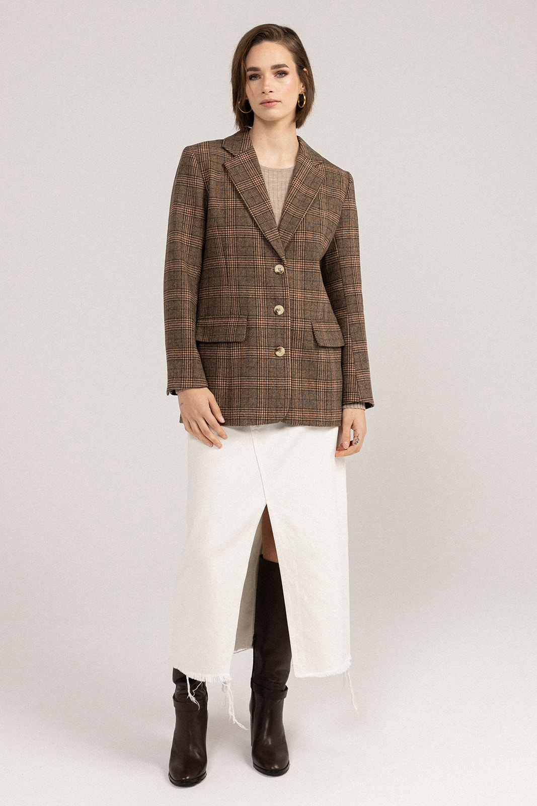 My Love Boyfriend Blazer- Brown/Red front view buttoned up