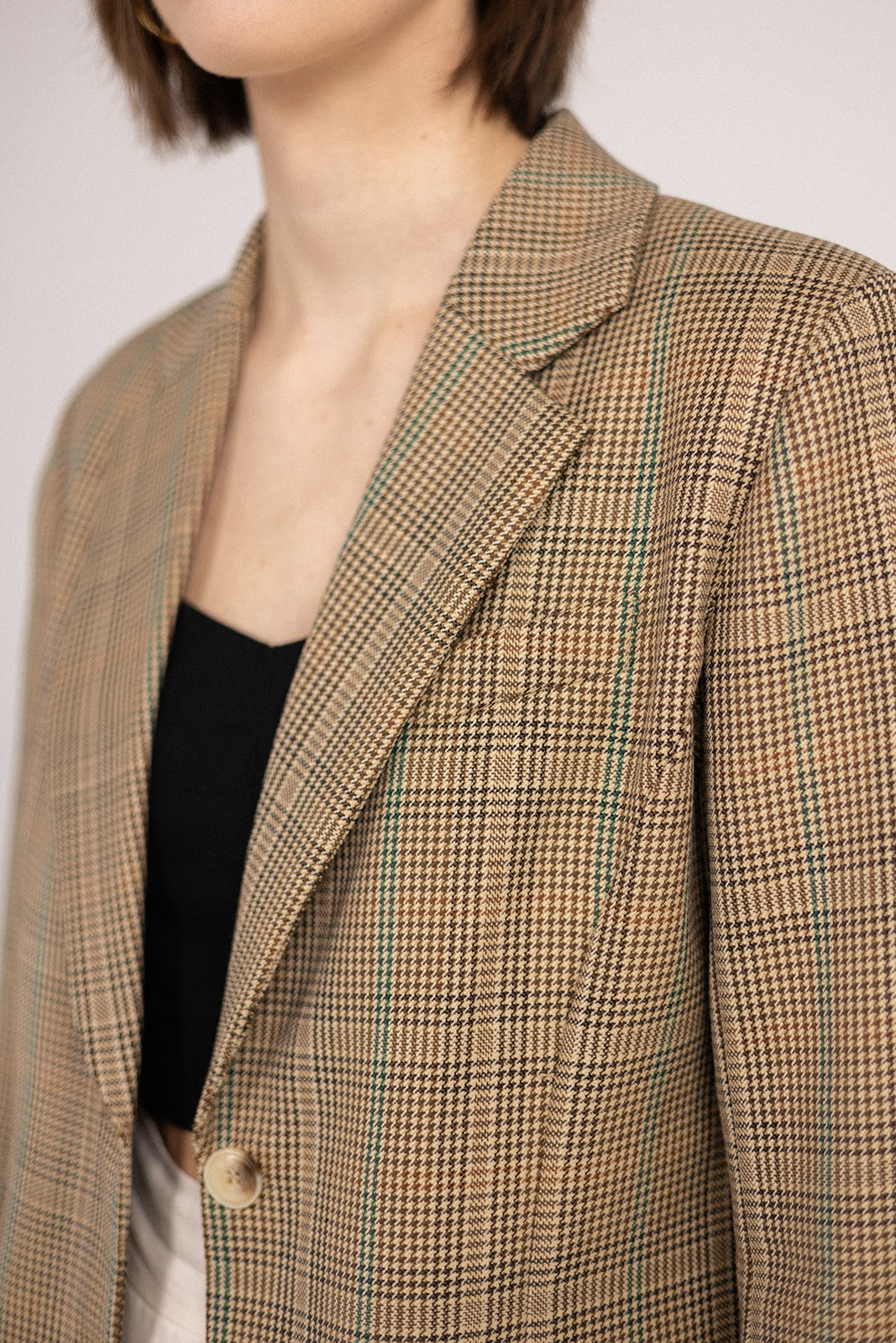 My Love Boyfriend Blazer - Brown/Green close up front view