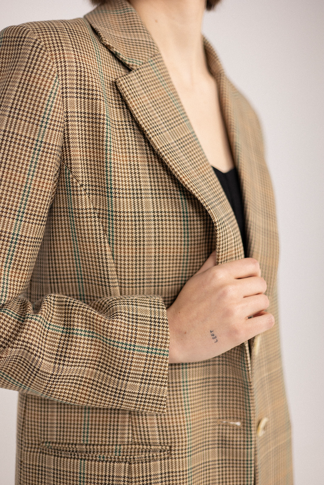 My Love Boyfriend Blazer - Brown/Green close up front view