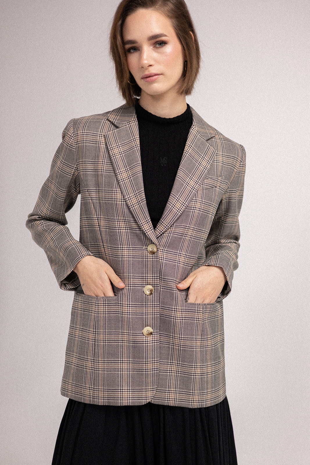 My Love Boyfriend Blazer - Brown/Black close up front view