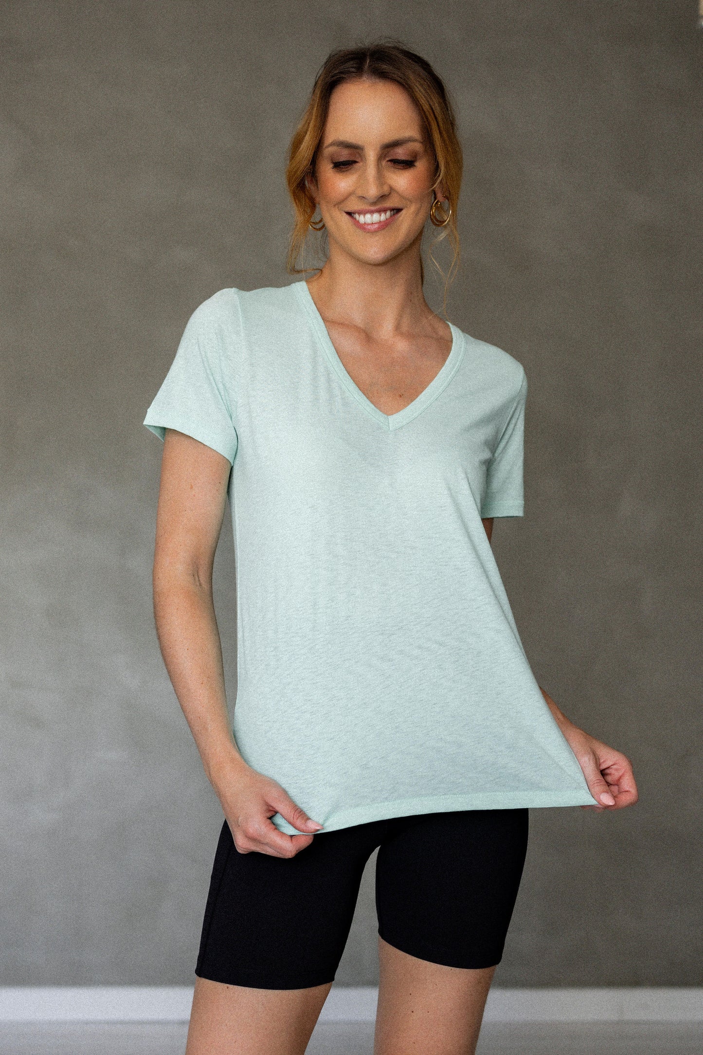 Before We Expire V-Neck Pima Cotton T-Shirt - Beach Glass front view