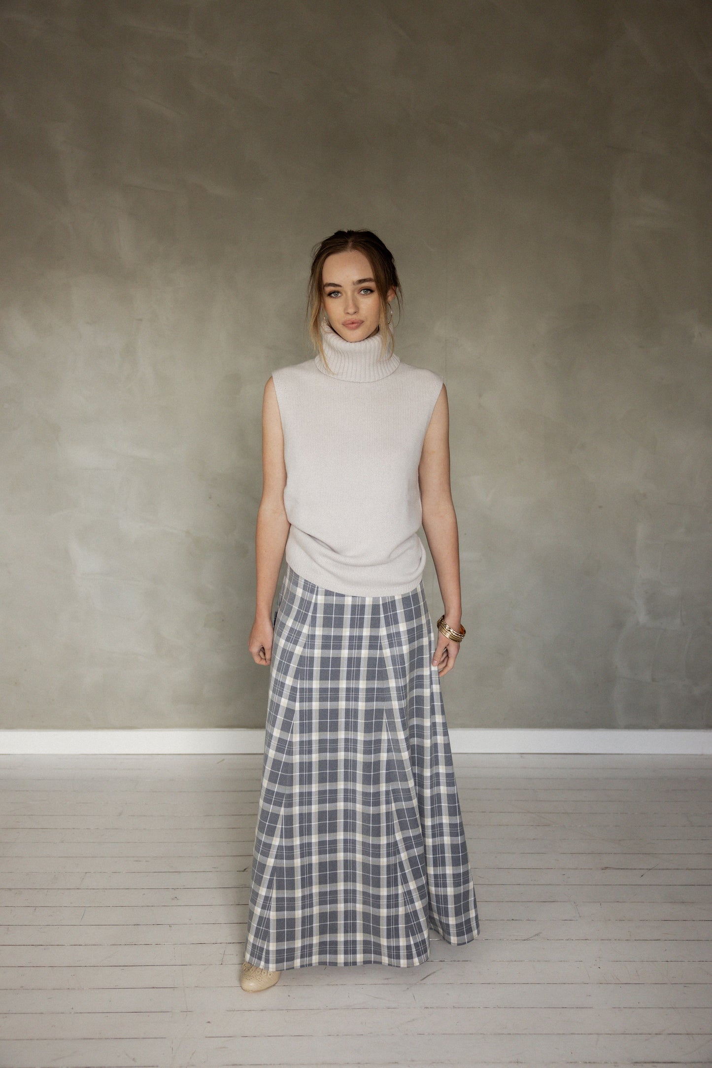 Break of Dawn Maxi Skirt Blue Plaid front view