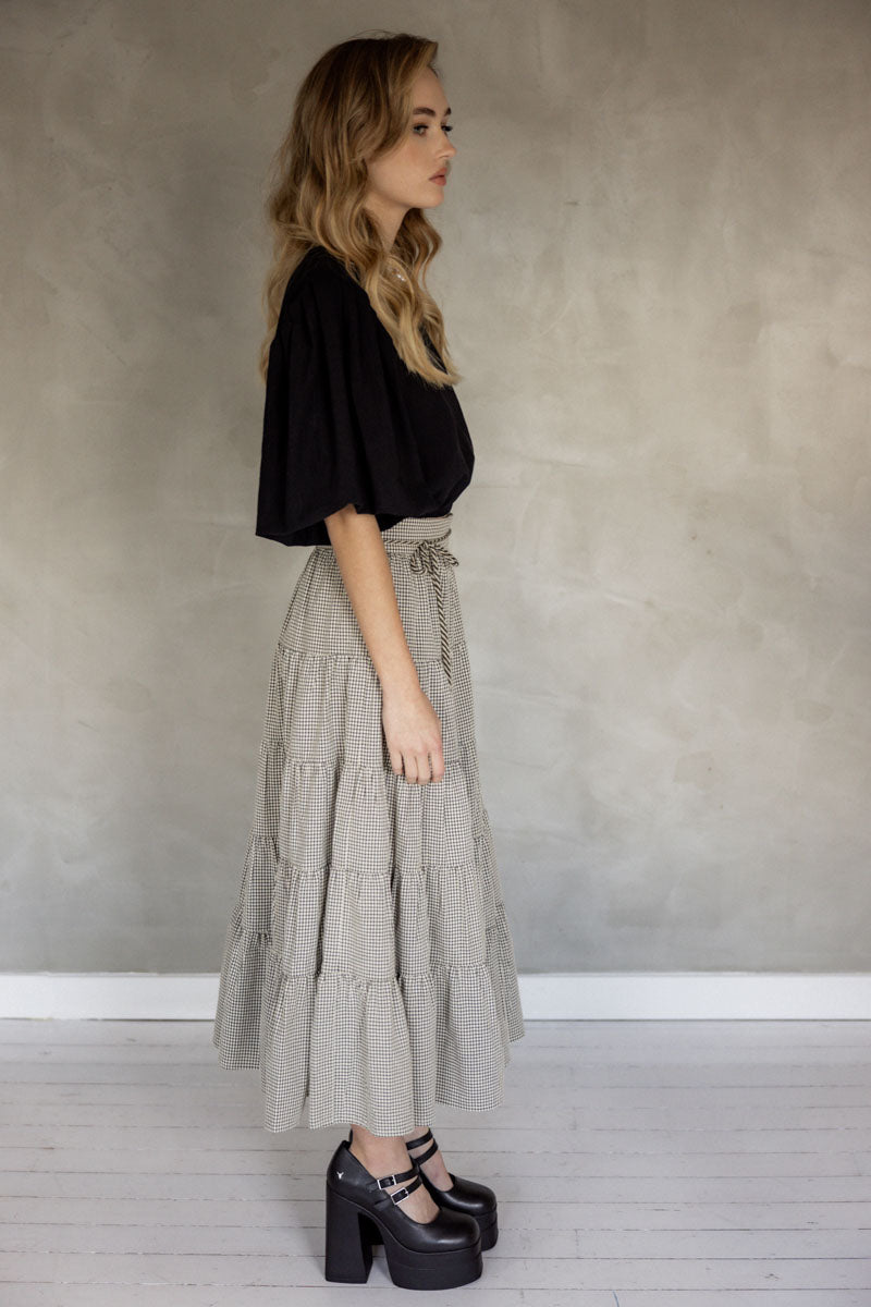 You and Me Cotton Tiered Midi Skirt (Stone Black Check) side view