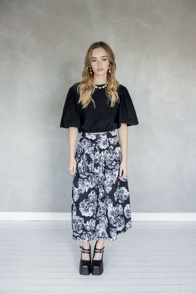 The Only Thing Cotton Midi Skirt (Mazu Exclusive Floral Print) front view