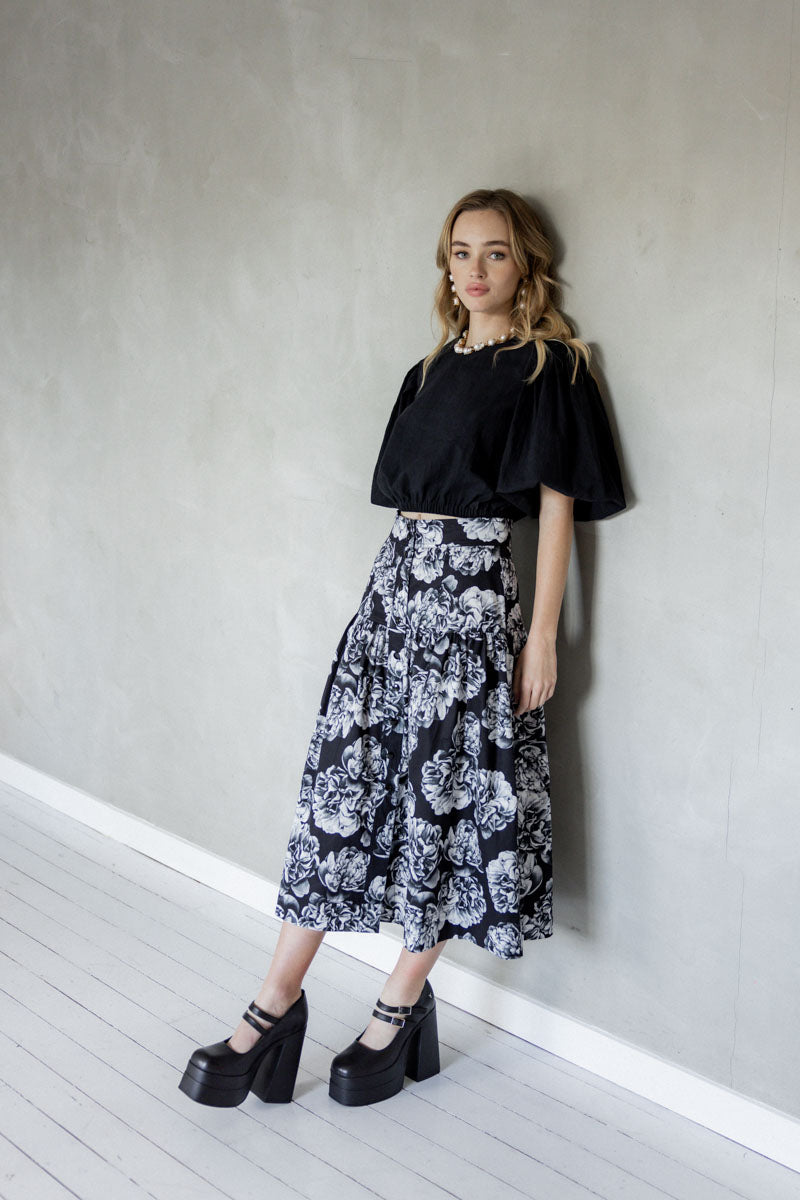 The Only Thing Cotton Midi Skirt (Mazu Exclusive Floral Print) side front view