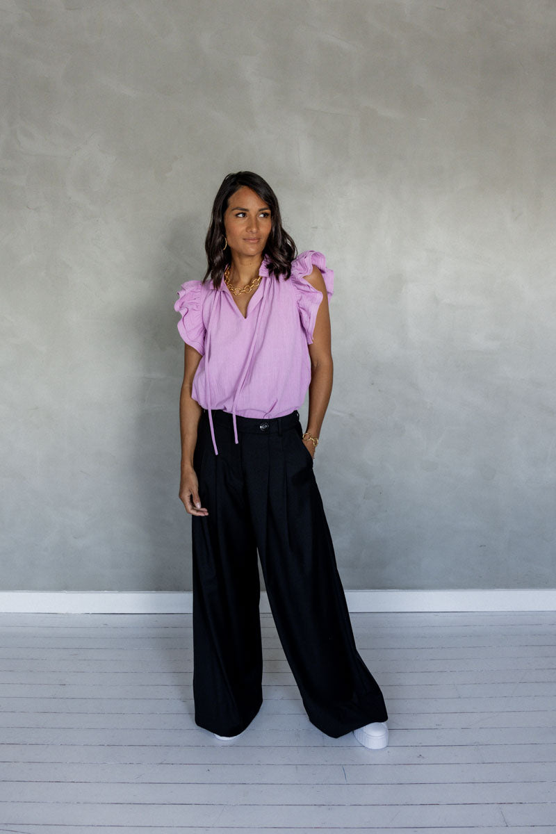 Between Friends Frill Neck Top – Sleeveless Cotton Frill Blouse (Lilac) Front view