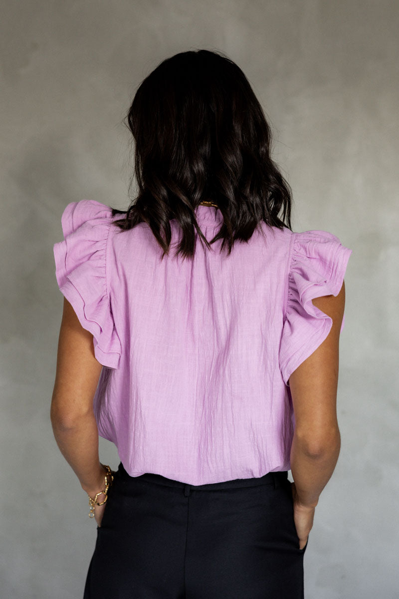 Between Friends Frill Neck Top – Sleeveless Cotton Frill Blouse (Lilac) back view