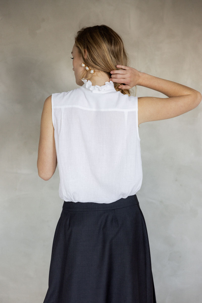 Like You Do Frill Neck Sleeveless white Cotton Blouse back view