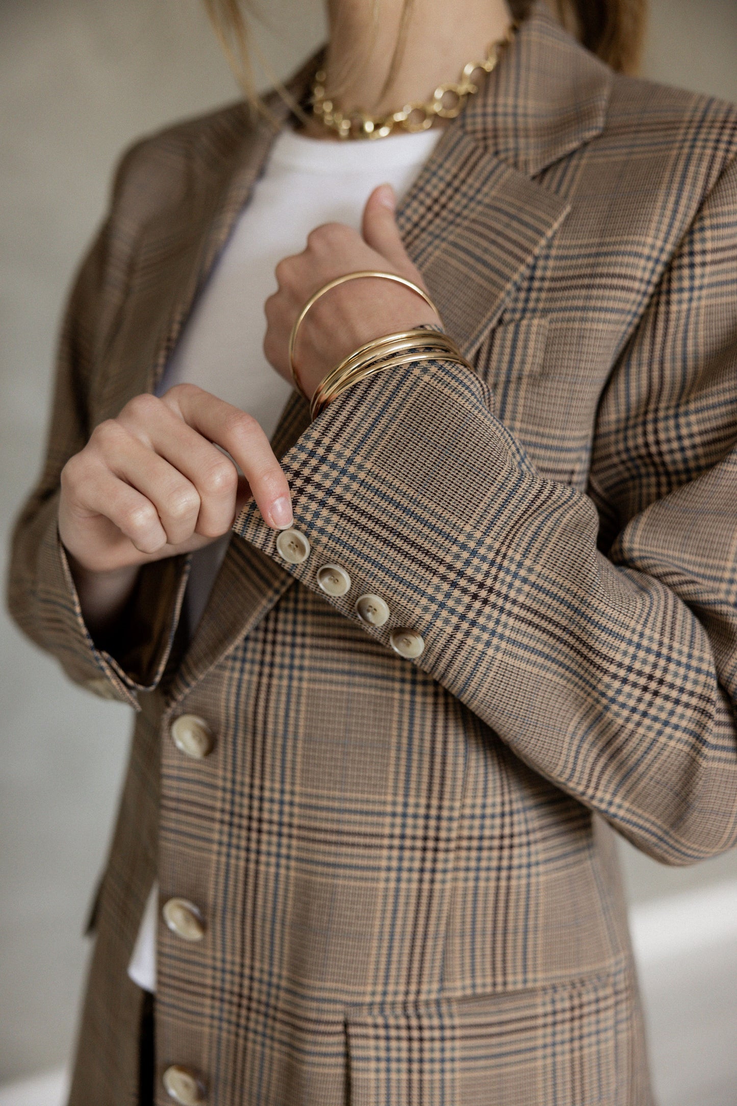 My Love Boyfriend Blazer Brown/Navy/Black Plaid close up view