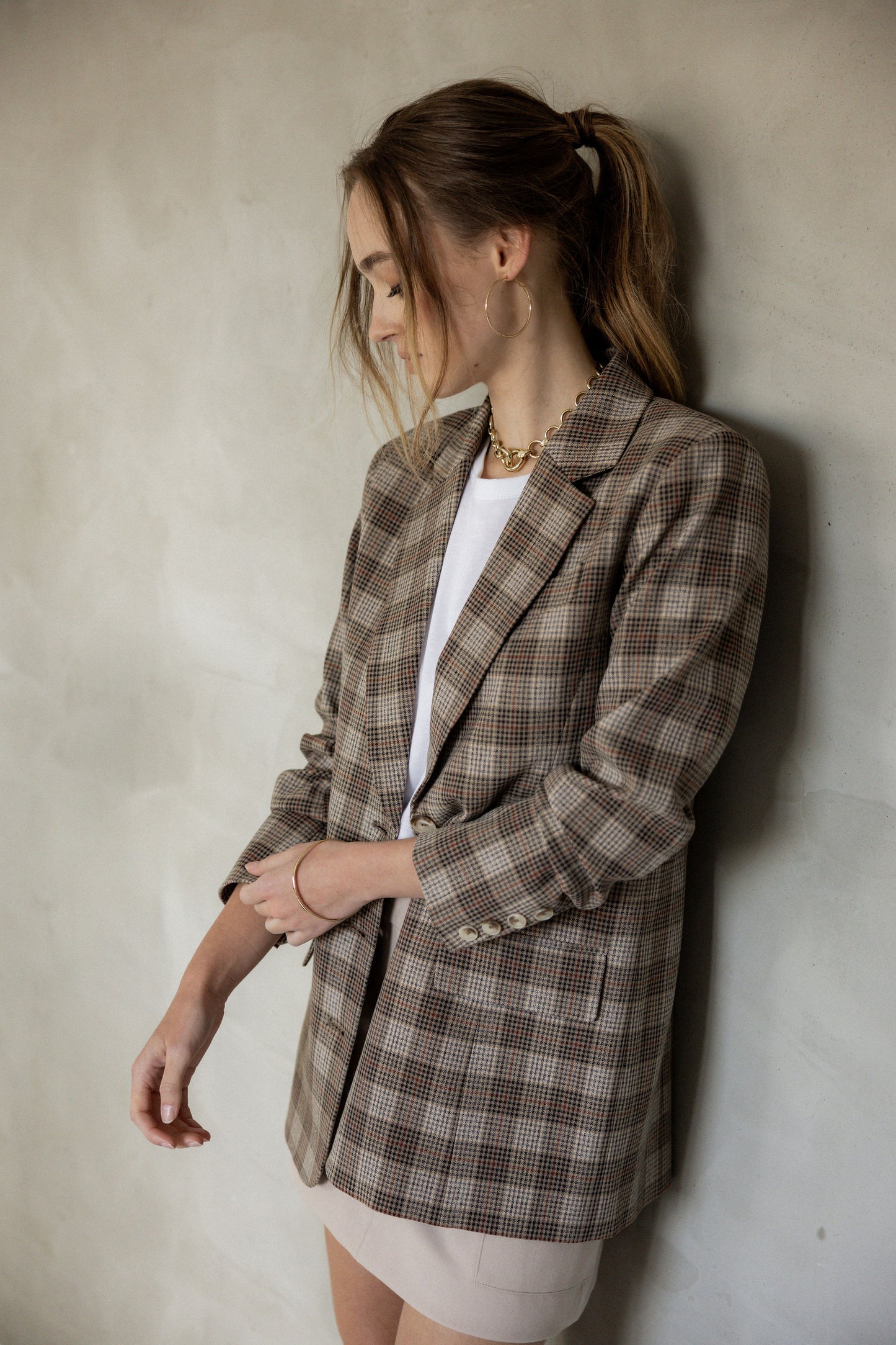My Love Boyfriend Blazer Brown, Red, Black Plaid close up view