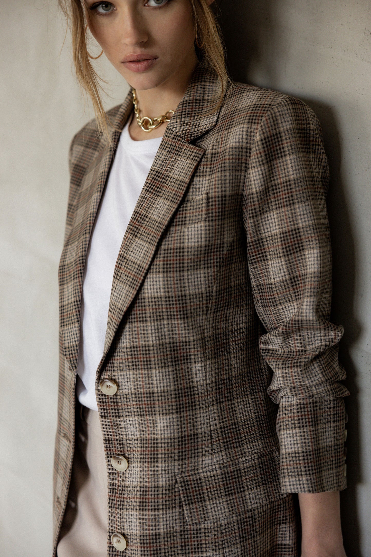 My Love Boyfriend Blazer Brown, Red, Black Plaid close up view