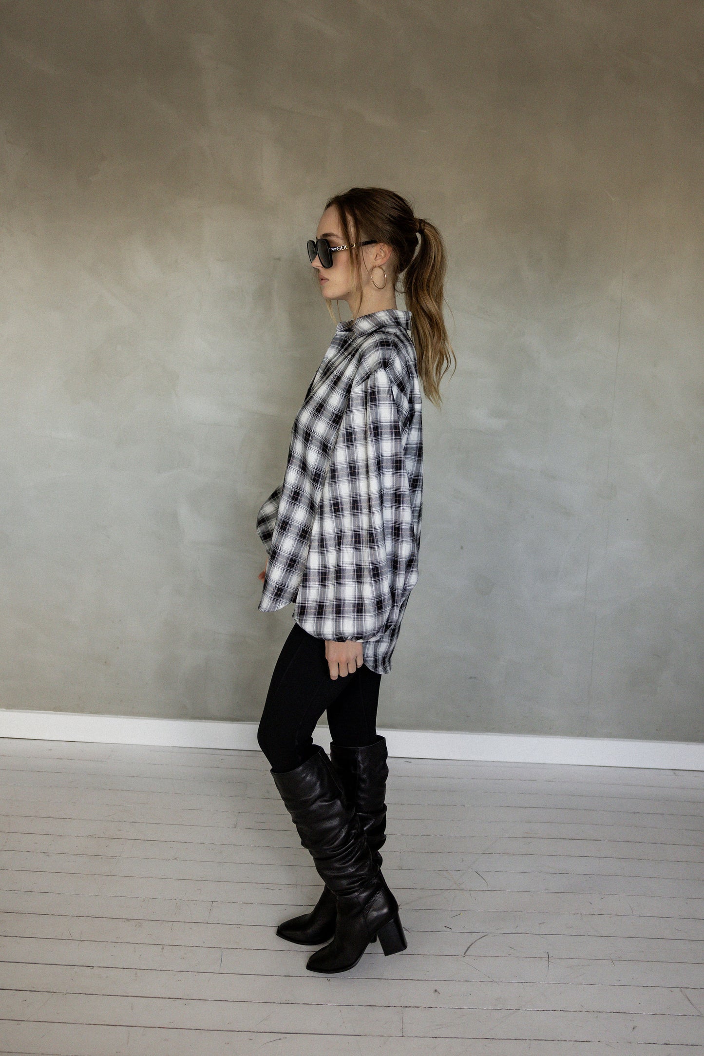 Be OK Puff Sleeve Black Plaid Long Sleeve Blouse side view