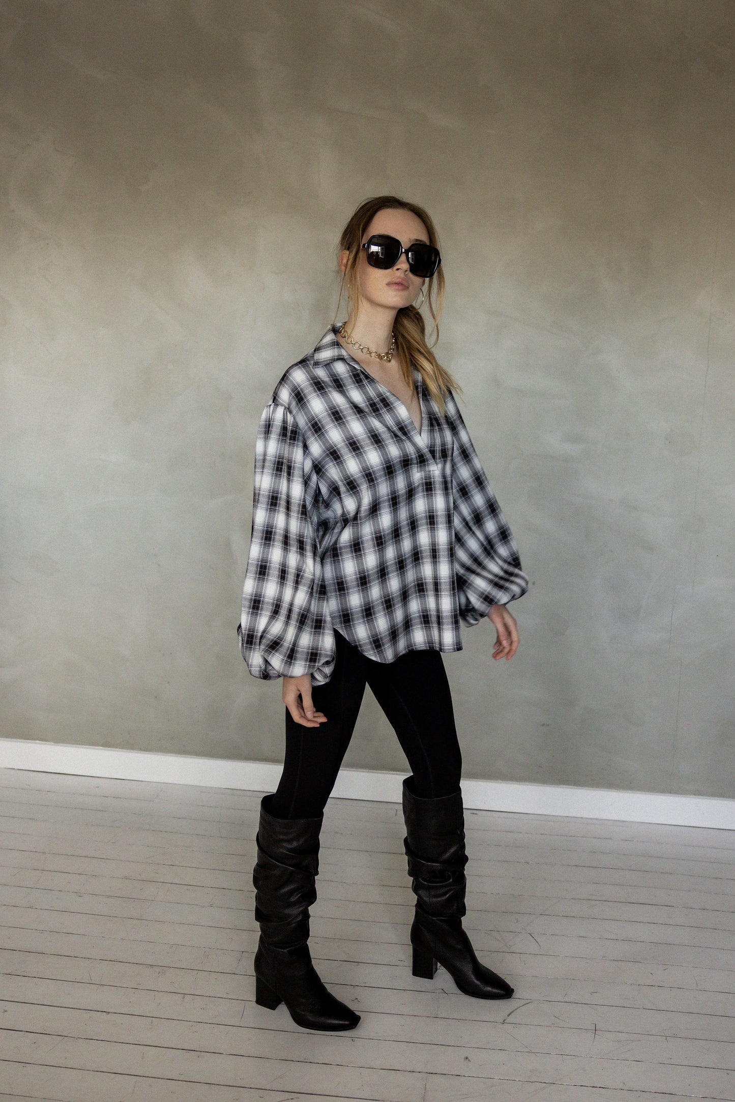 Be OK Puff Sleeve Black Plaid Long Sleeve Blouse side view