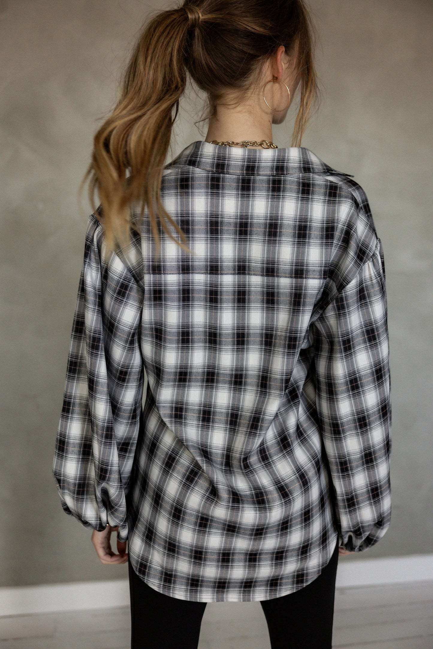 Be OK Puff Sleeve Black Plaid Long Sleeve Blouse back view