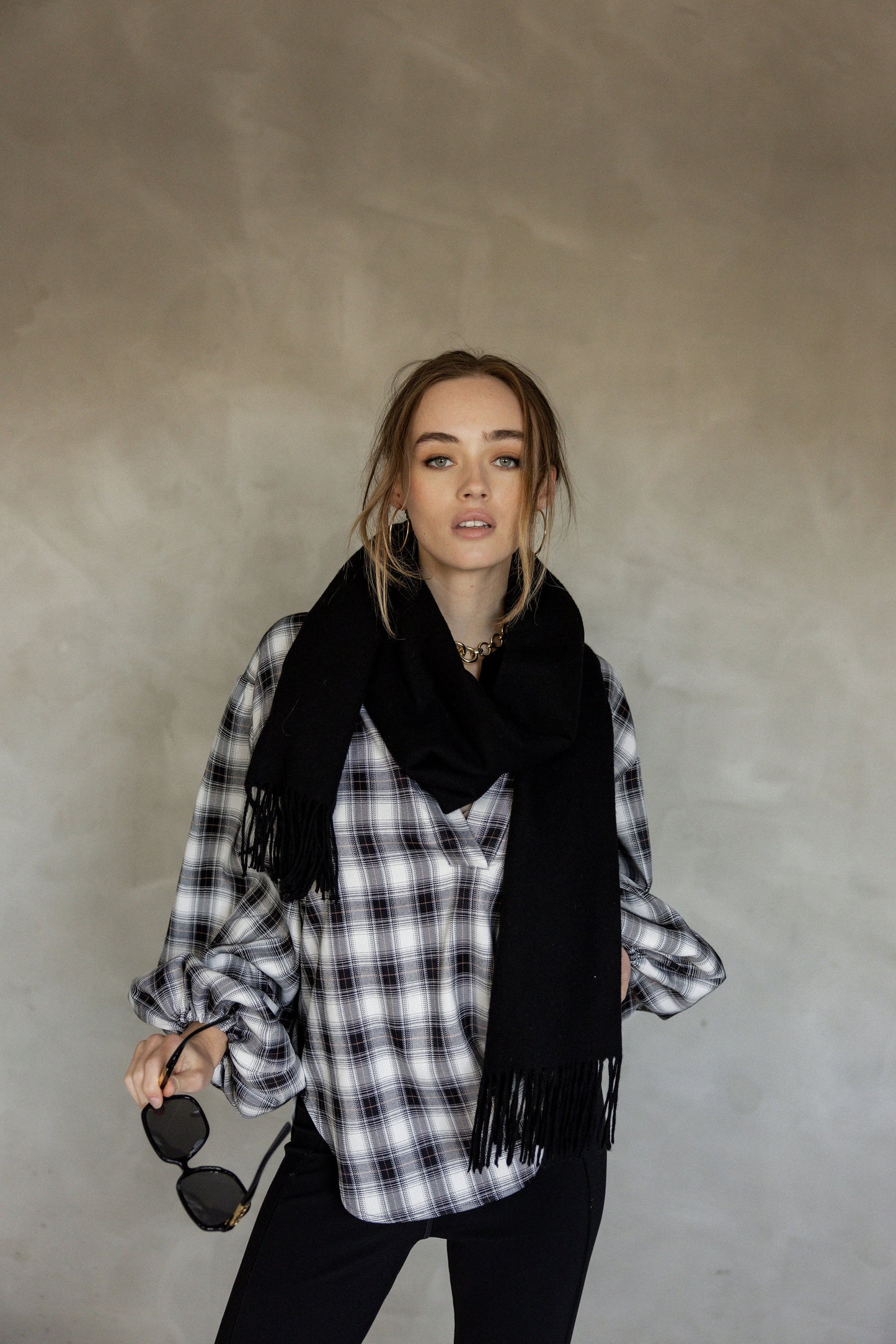 Be OK Puff Sleeve Black Plaid Long Sleeve Blouse front view