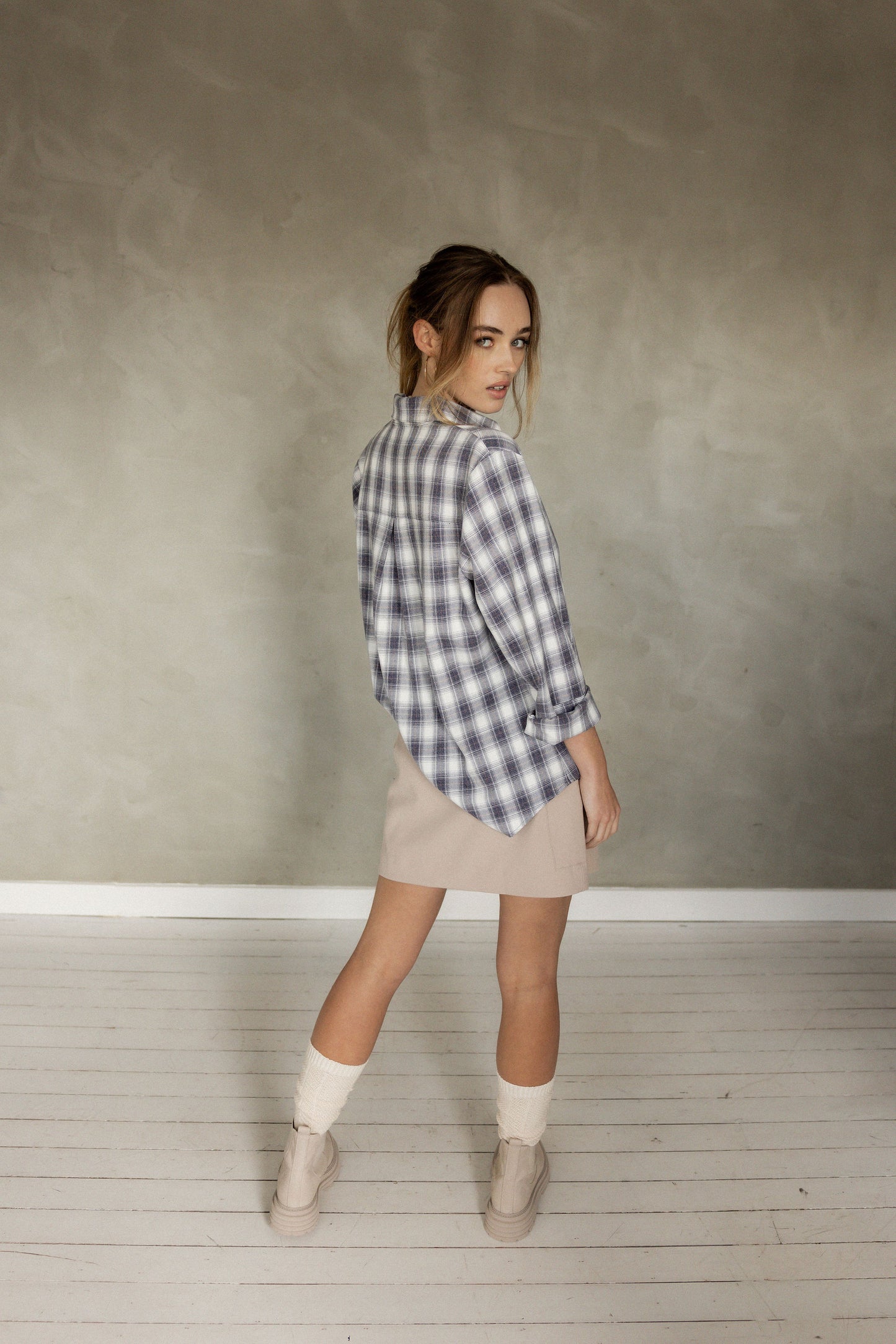 Like Before Boyfriend Blue Plaid Long Sleeve Shirt back view
