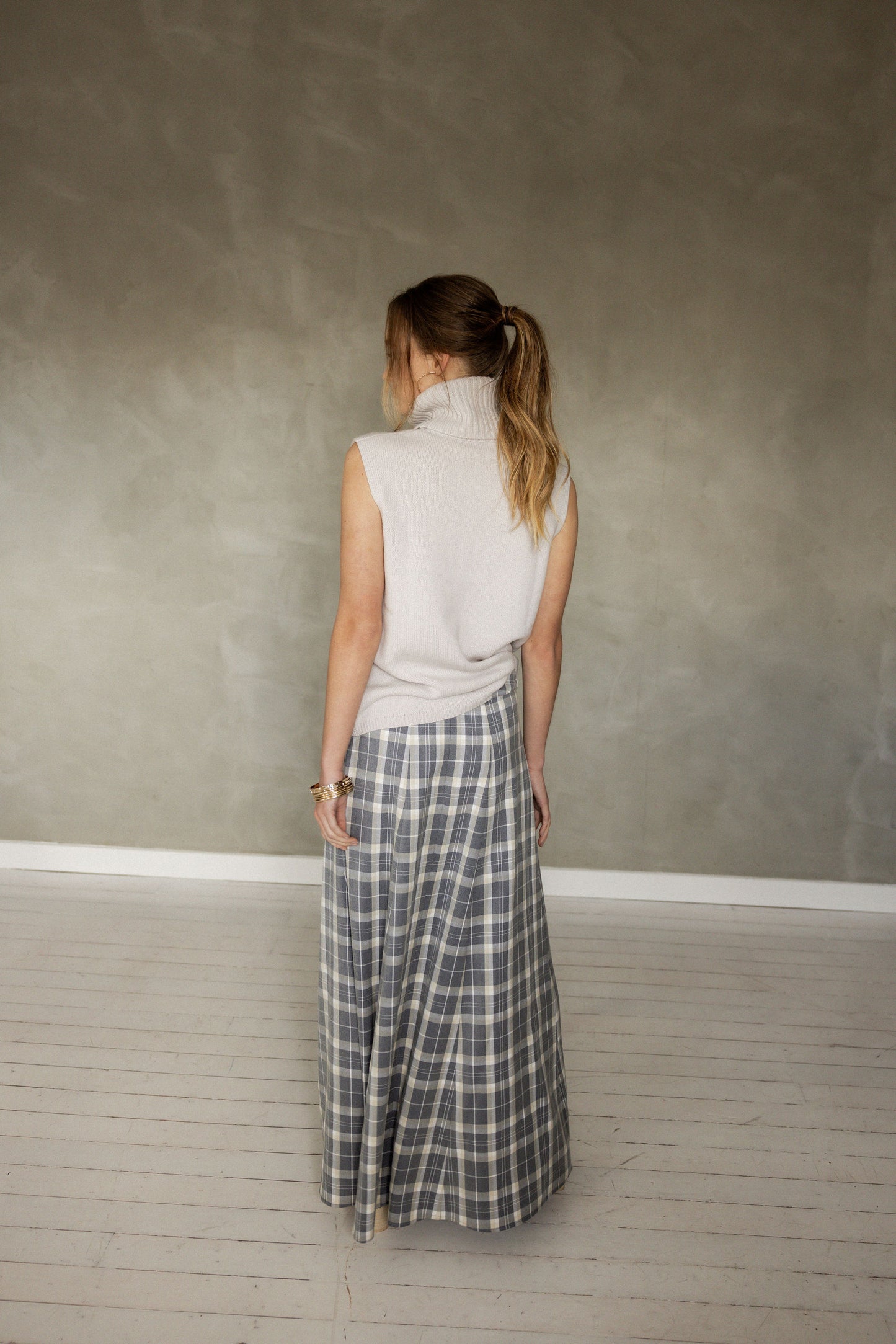 Break of Dawn Maxi Skirt Blue Plaid back view