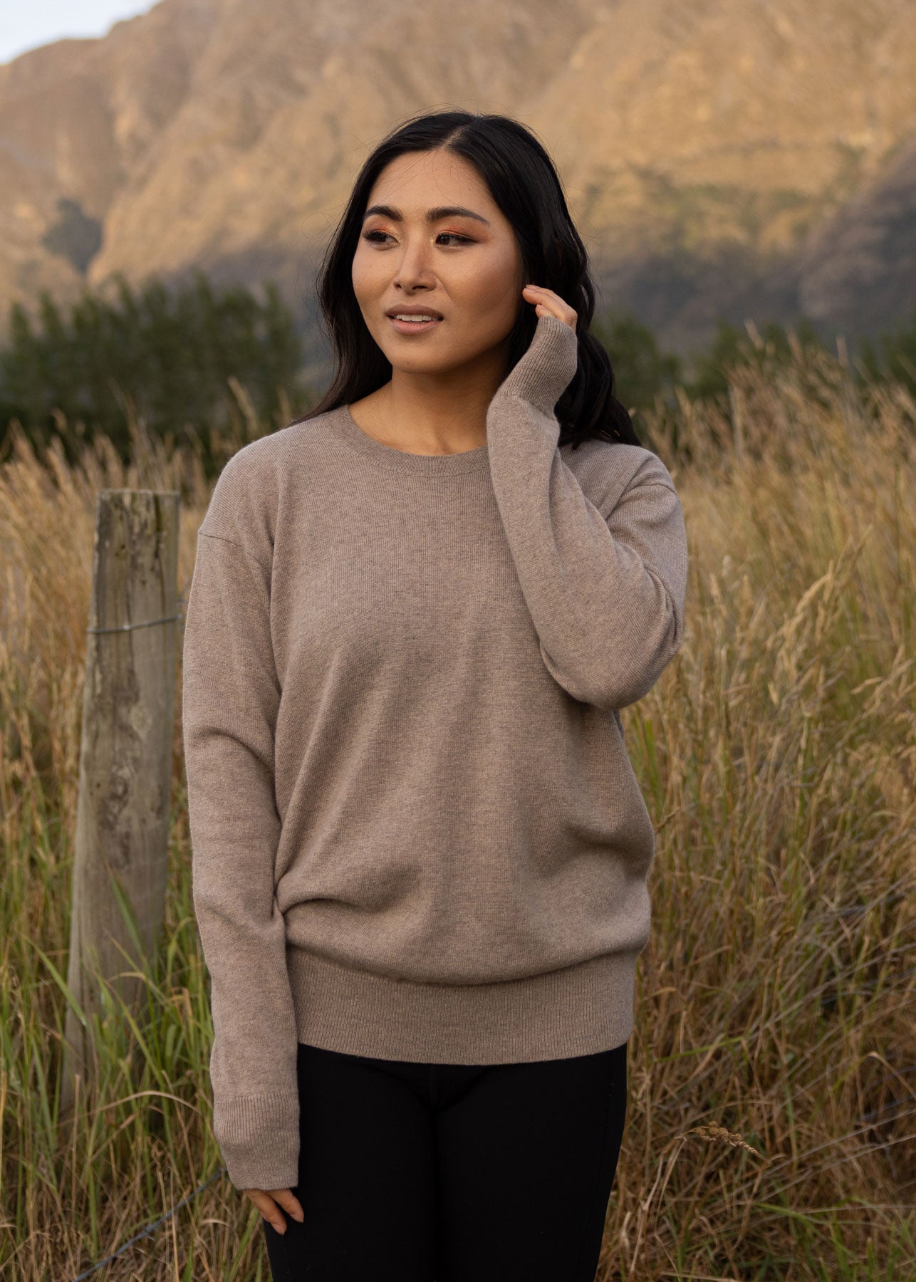 Ever Be Round Neck Knit Sweater Light Brown front view
