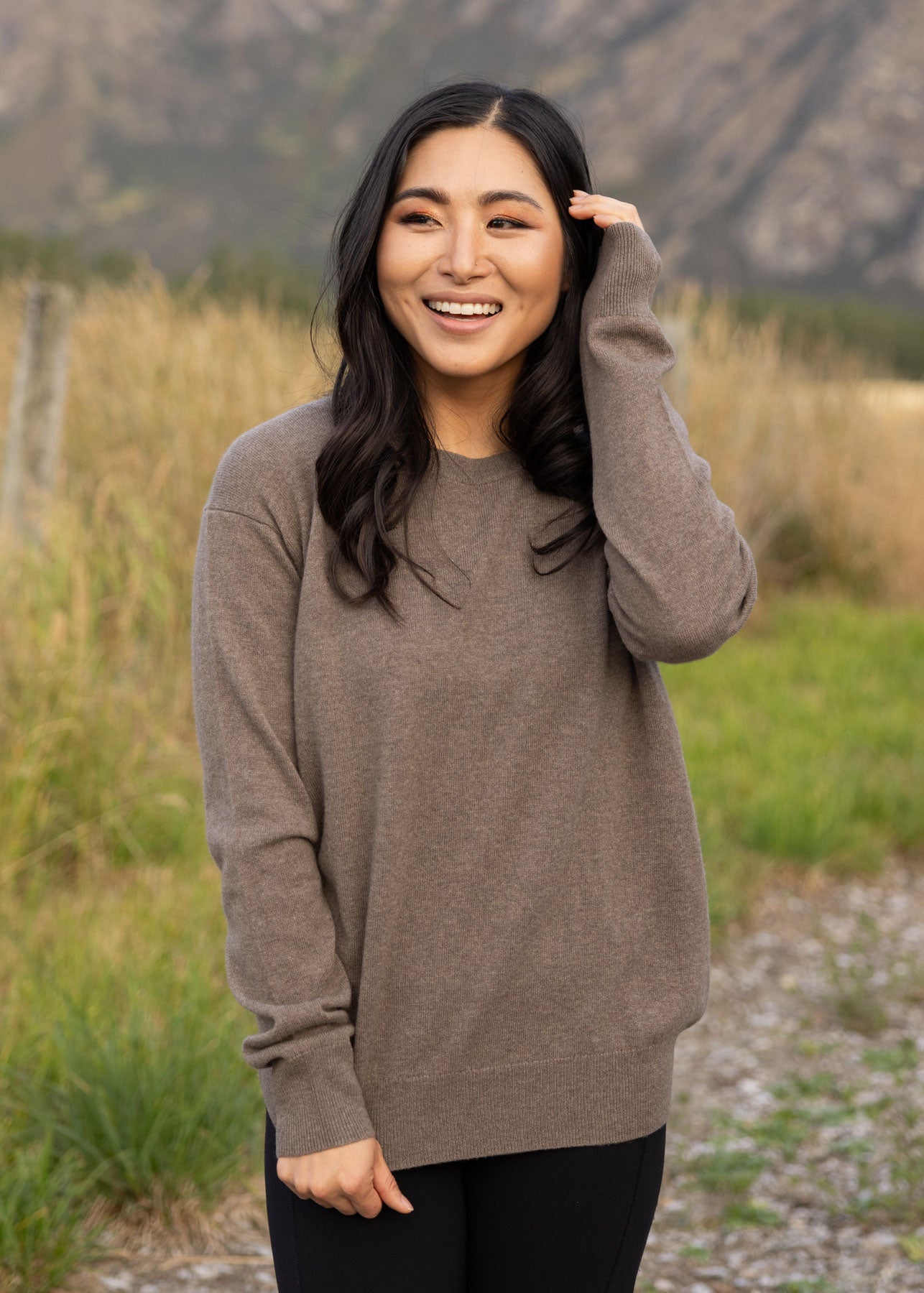 Ever Be Round Neck Knit Sweater Dark Brown front view