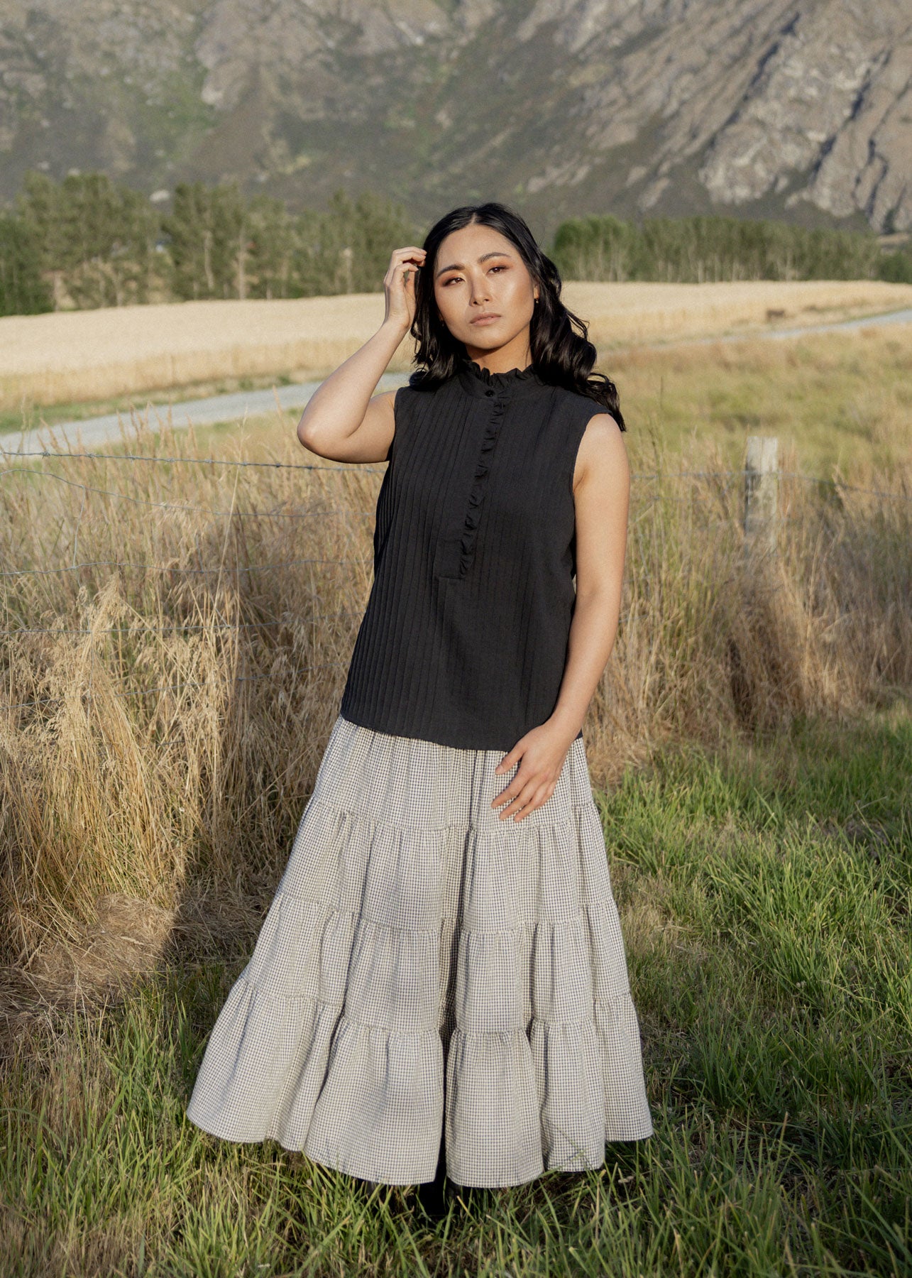 Like You Do Frill Neck Sleeveless Cotton Blouse black front view and lenght