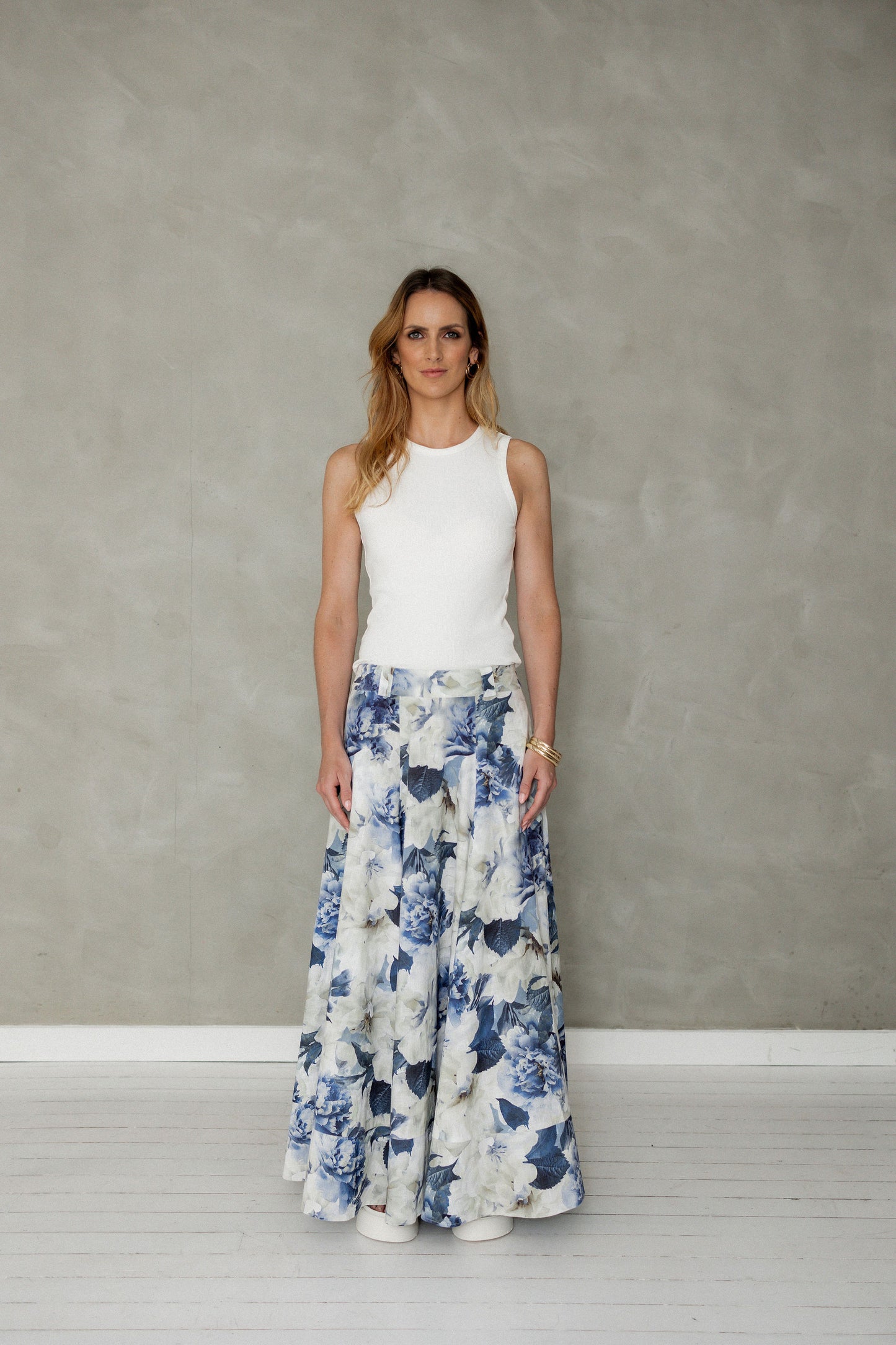 Never Be Maxi Cotton Skirt Blue Floral Print front view