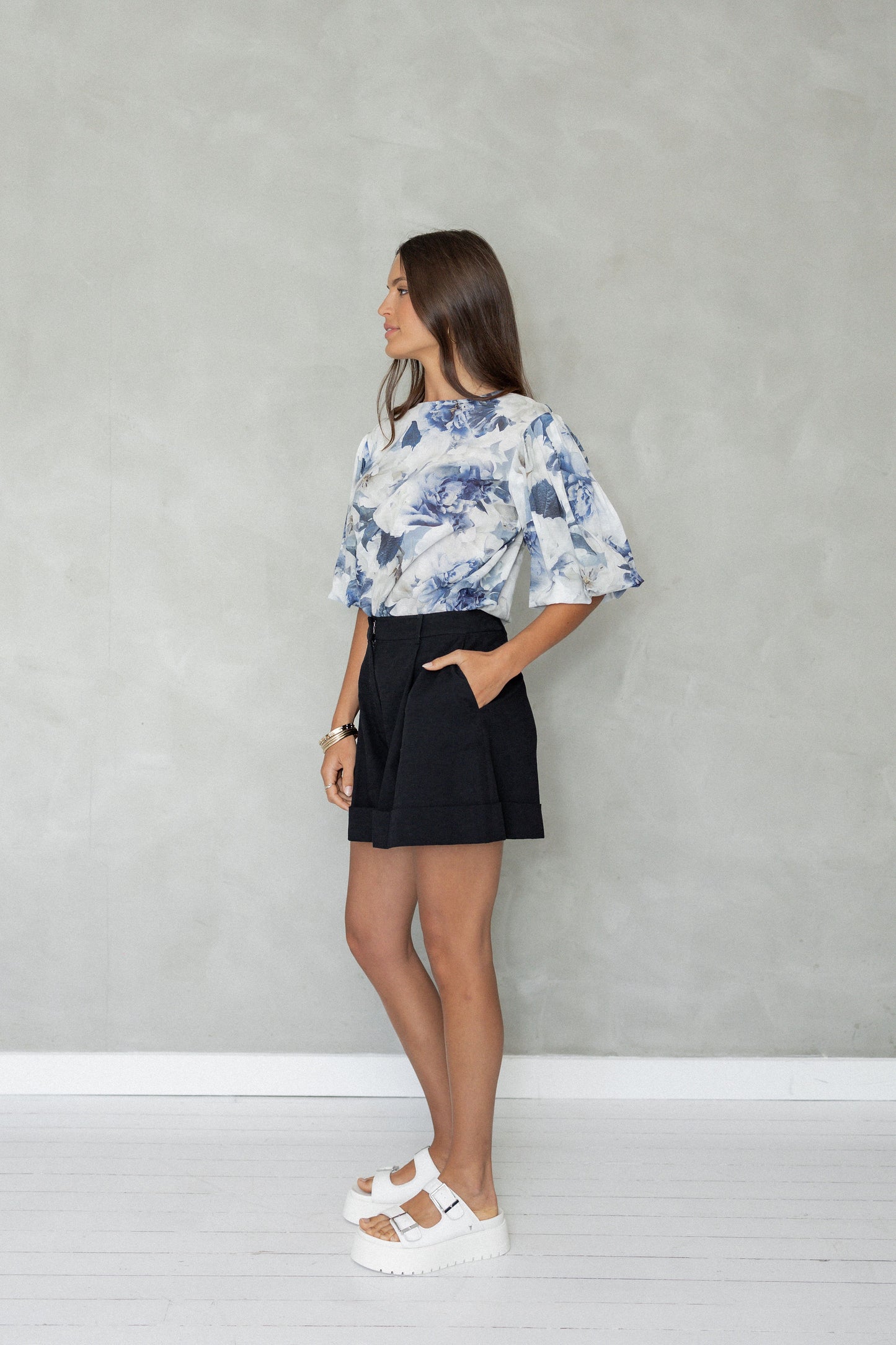 Puff Sleeve Cotton Blouse Blue Floral side view