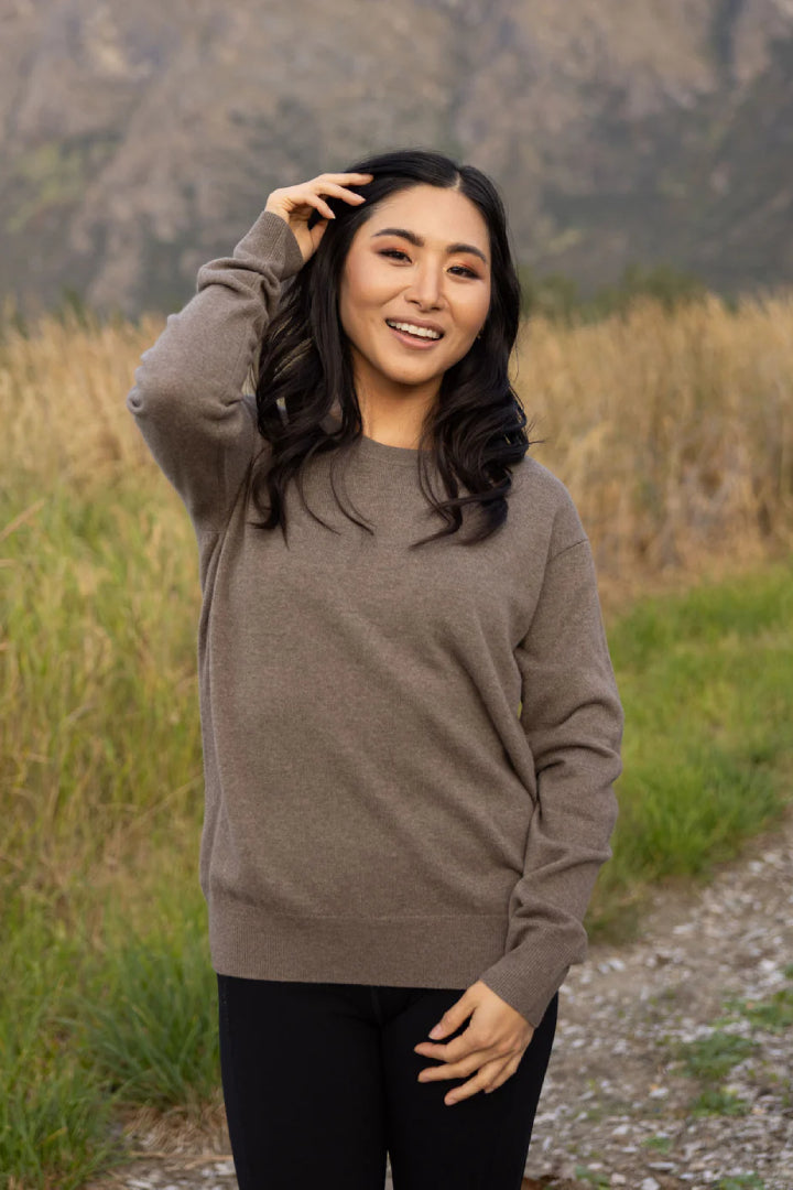 Ever Be Round Neck Knit Sweater Dark Brown front view