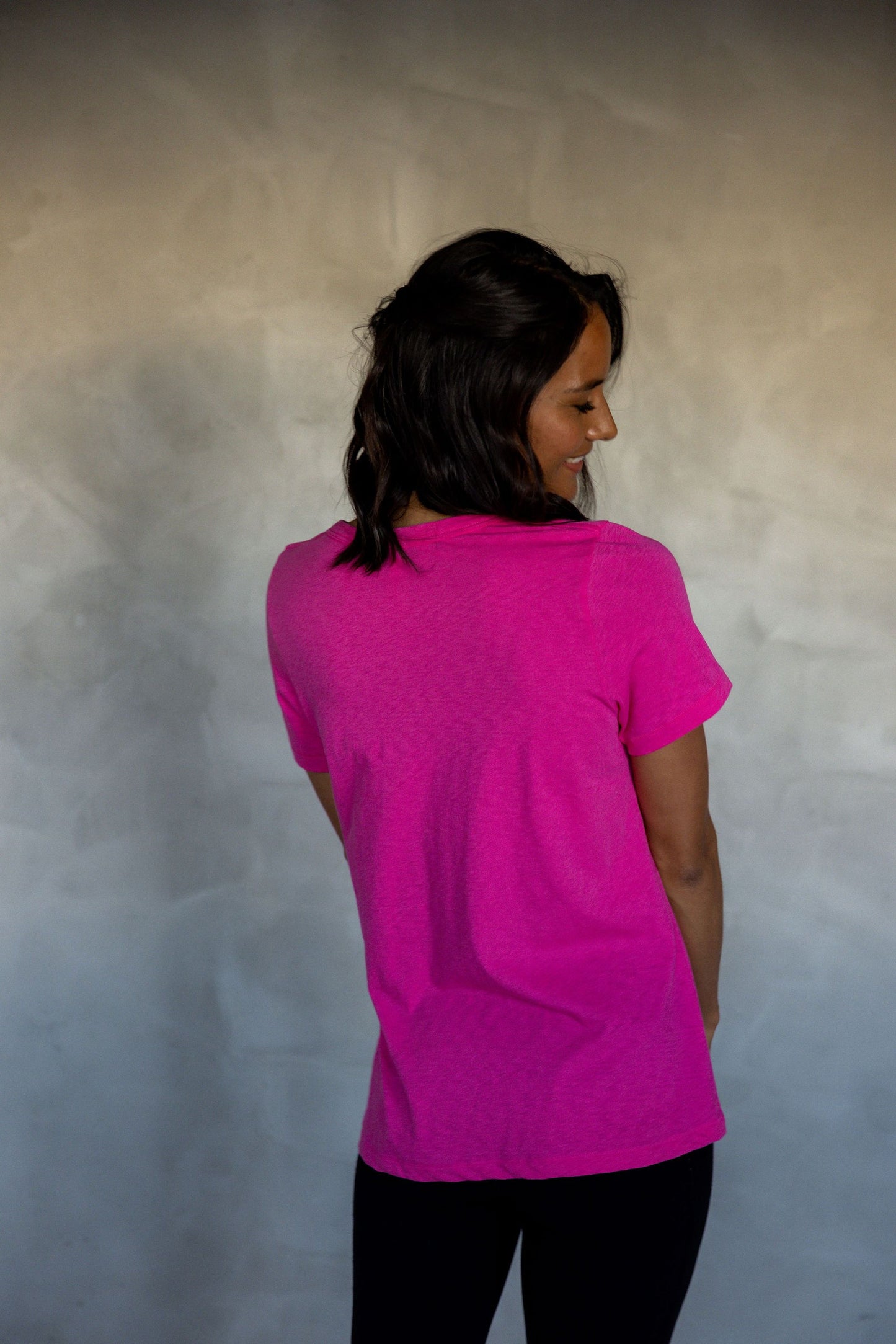 Before We Expire V-Neck Pima Cotton T-Shirt - Fuchsia Fedora back view