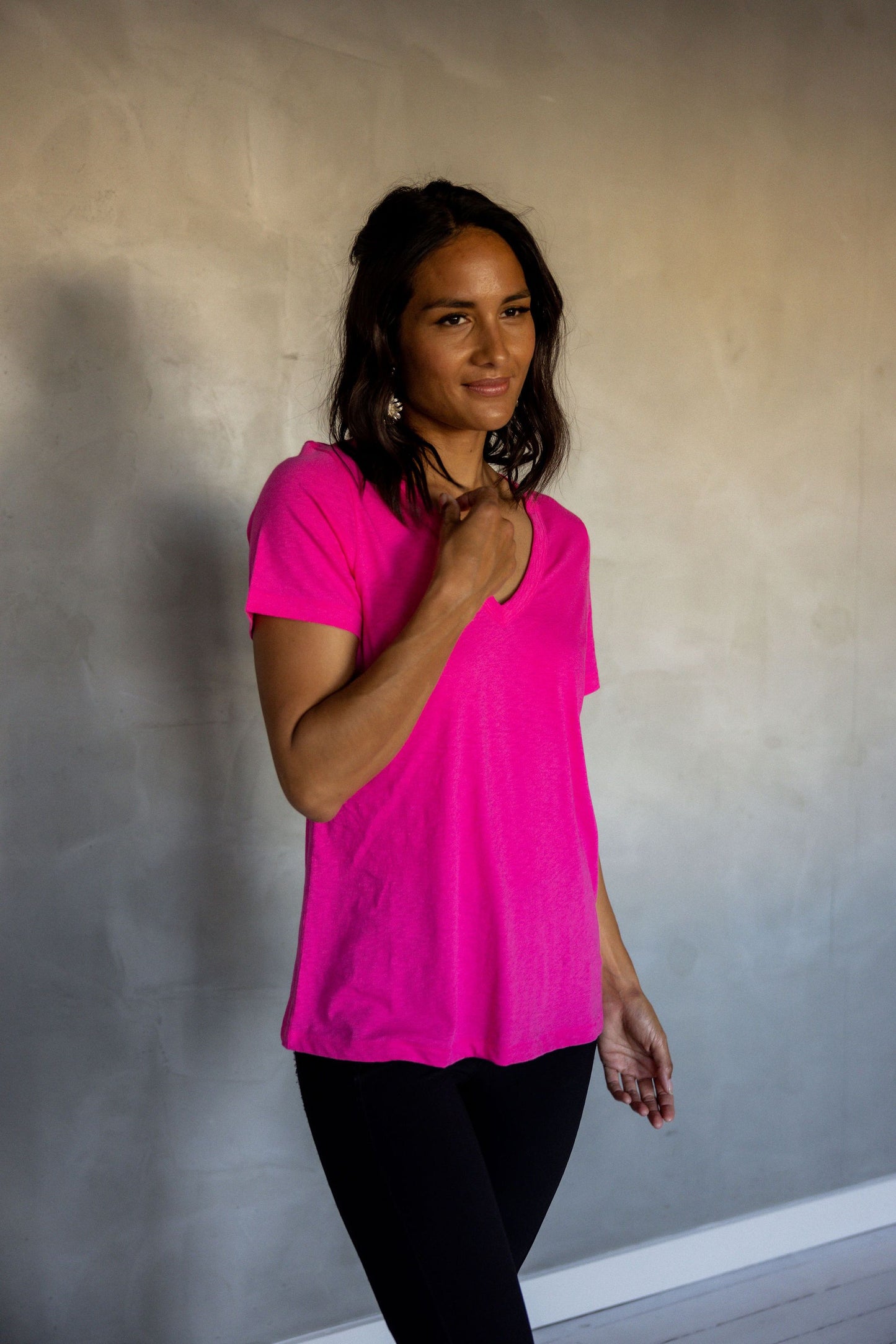 Before We Expire V-Neck Pima Cotton T-Shirt - Fuchsia Fedora front view