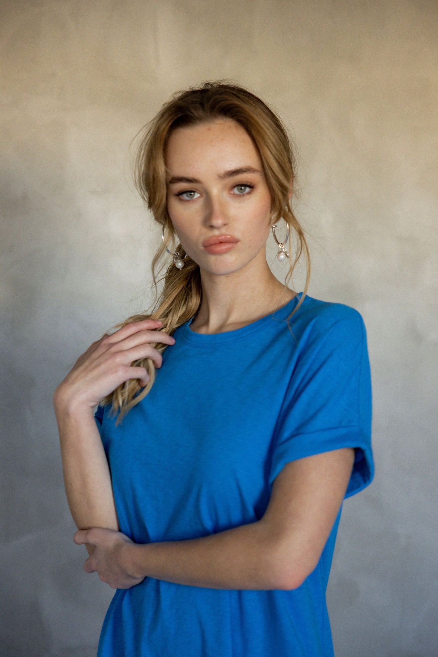 All You Need Cuff Pima Cotton T-shirt - Ibiza Blue close up view