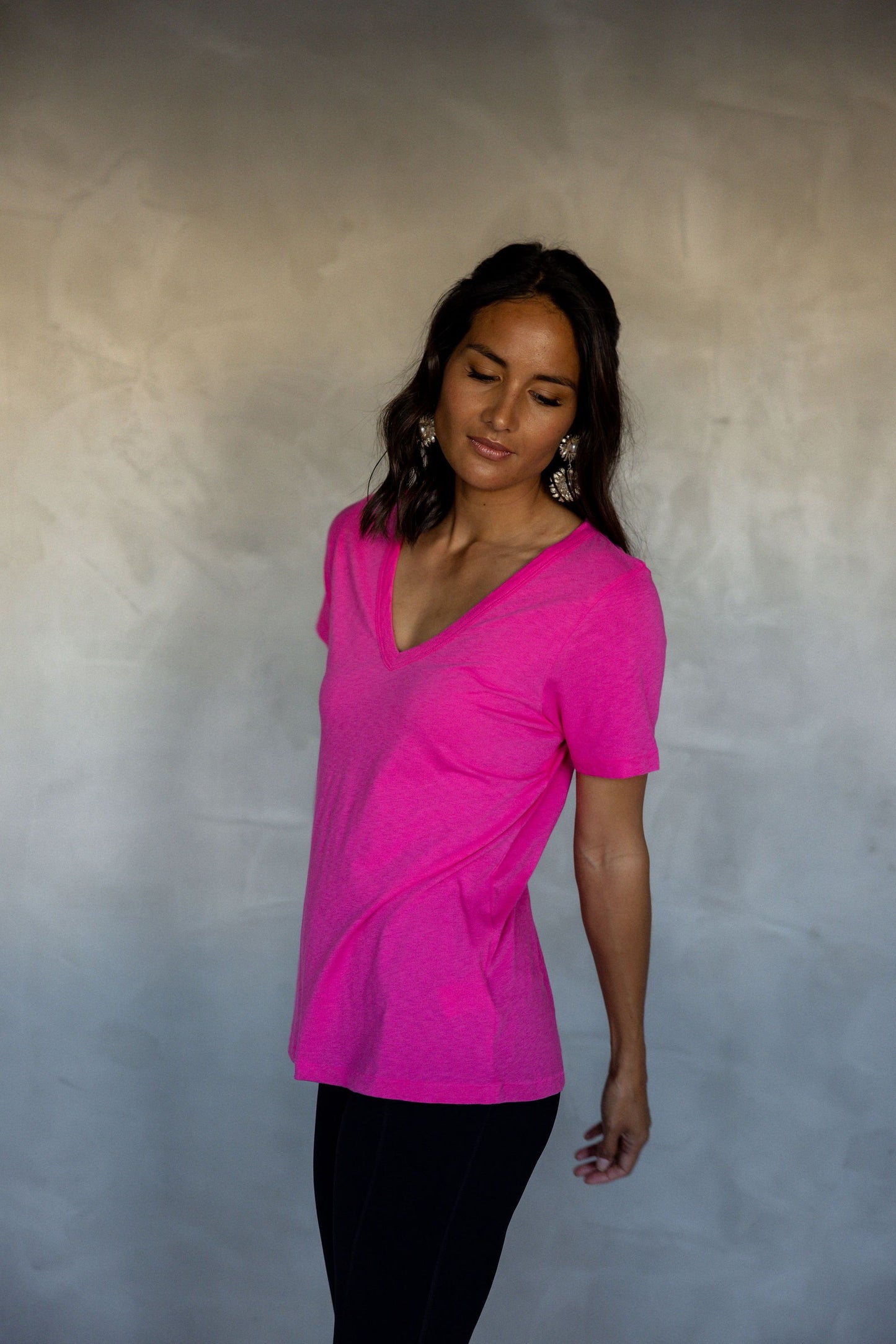 Before We Expire V-Neck Pima Cotton T-Shirt - Fuchsia Fedora front view