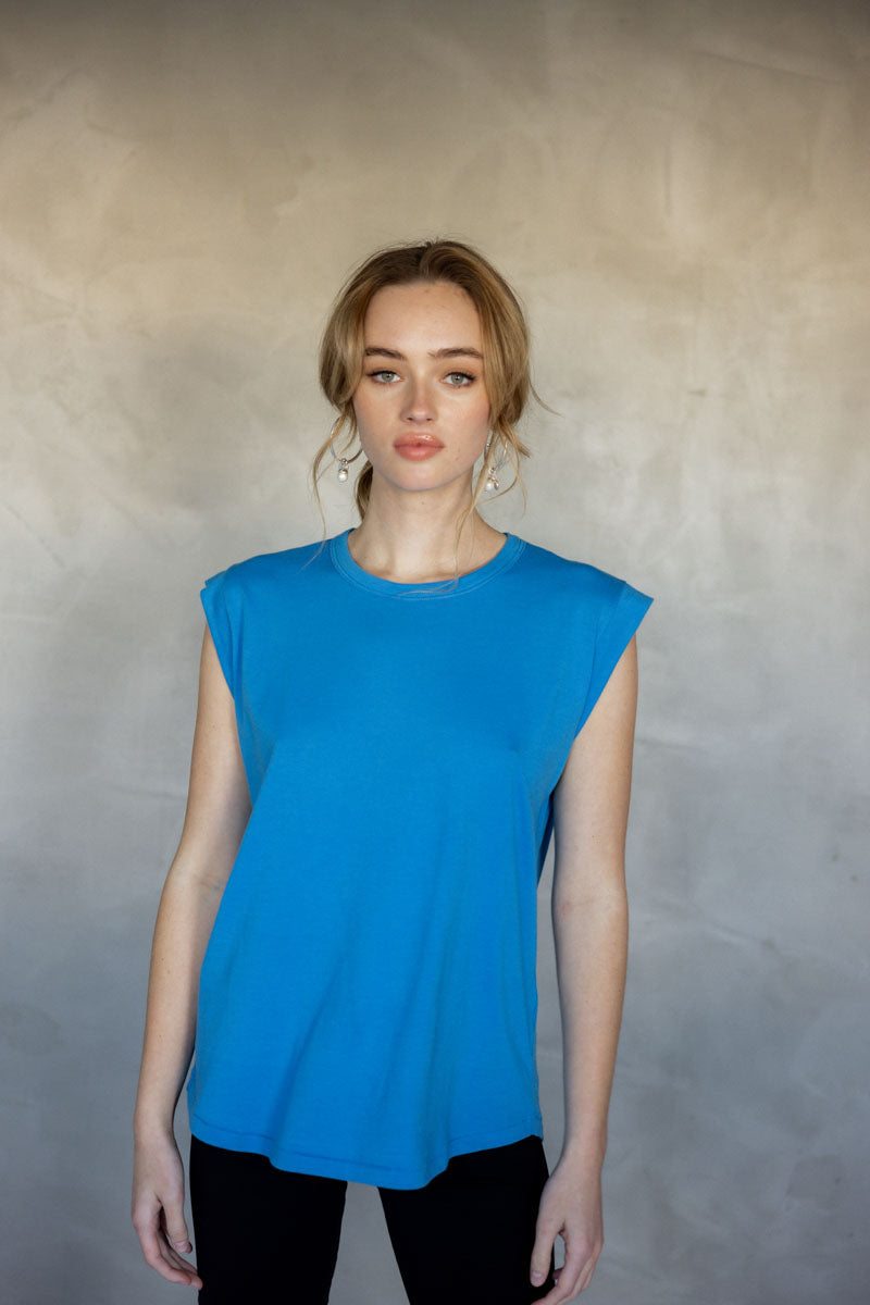 Sorry For Now Pima Cotton Tank Top - Ibiza Blue front view