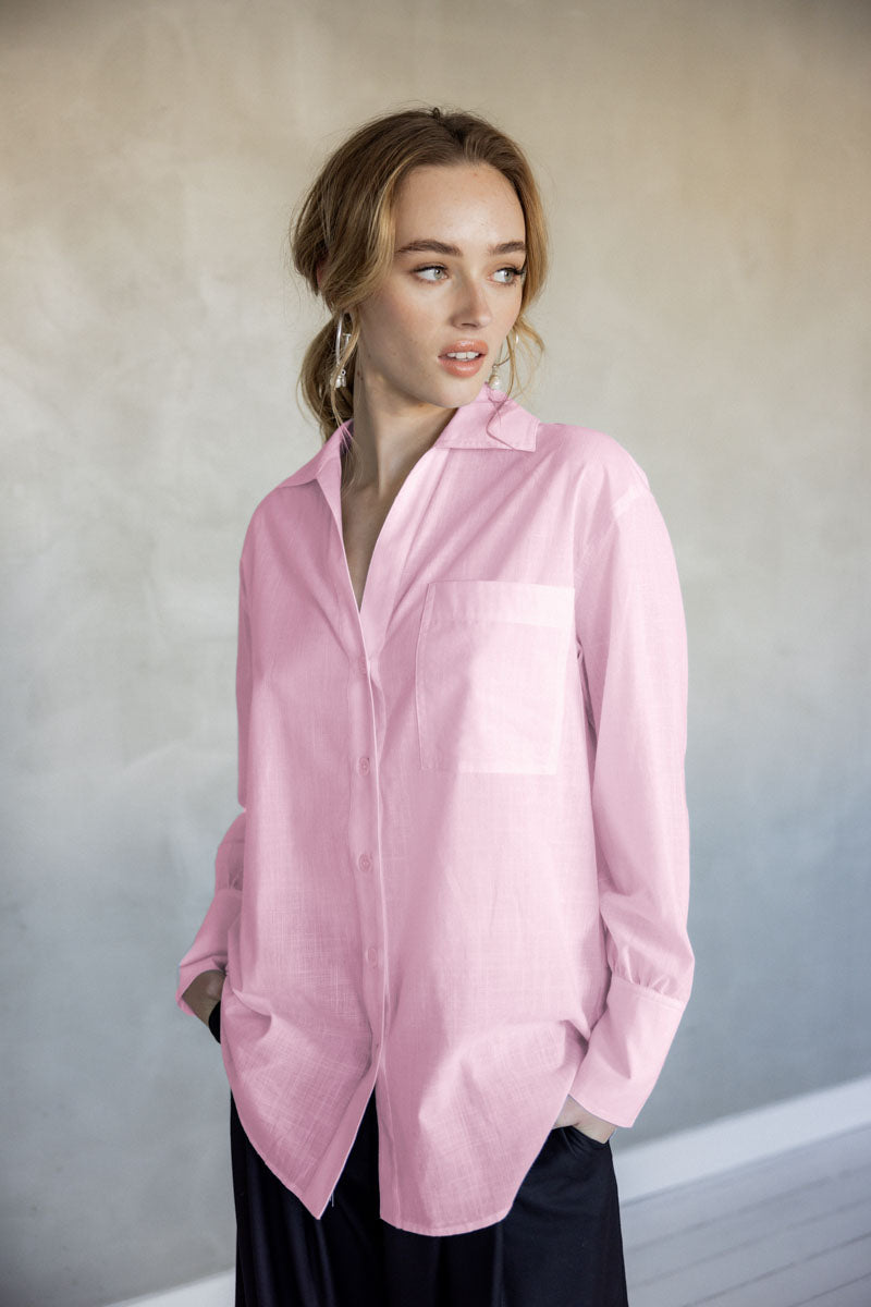 Make You Mine Cotton Button-Up Shirt (Pink) front view