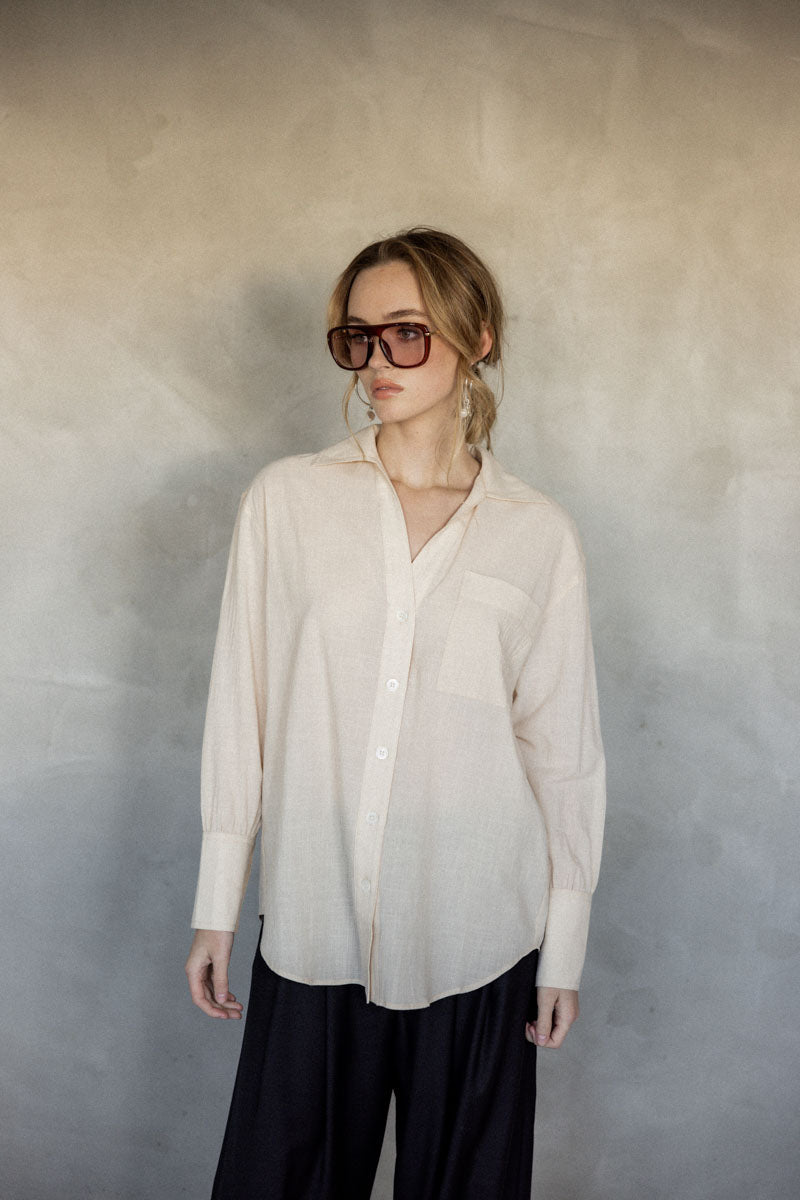 Make You Mine Cotton Button-Up Shirt (Stone) front view