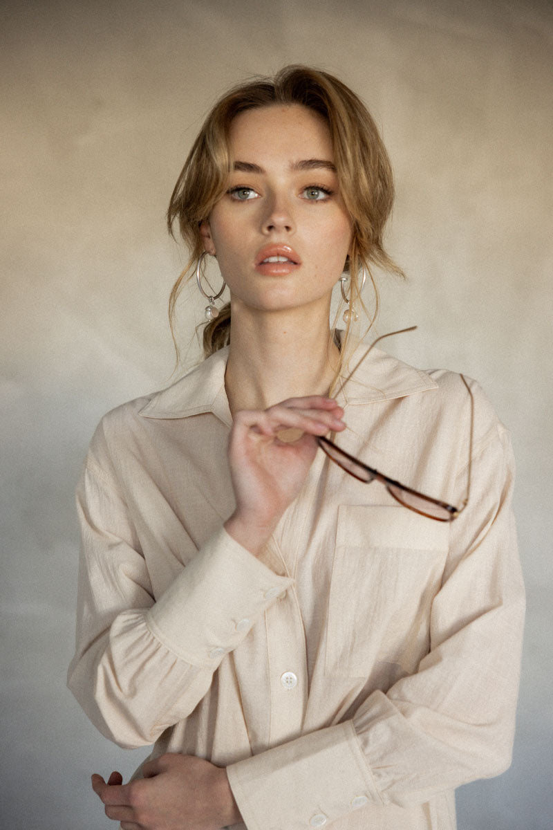 Make You Mine Cotton Button-Up Shirt (Stone) front view close up