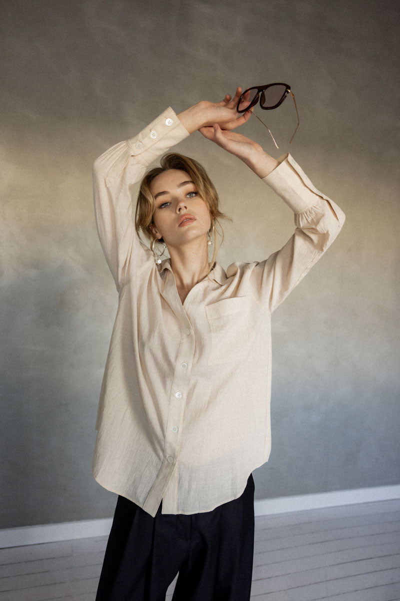 Make You Mine Cotton Button-Up Shirt (Stone) front view
