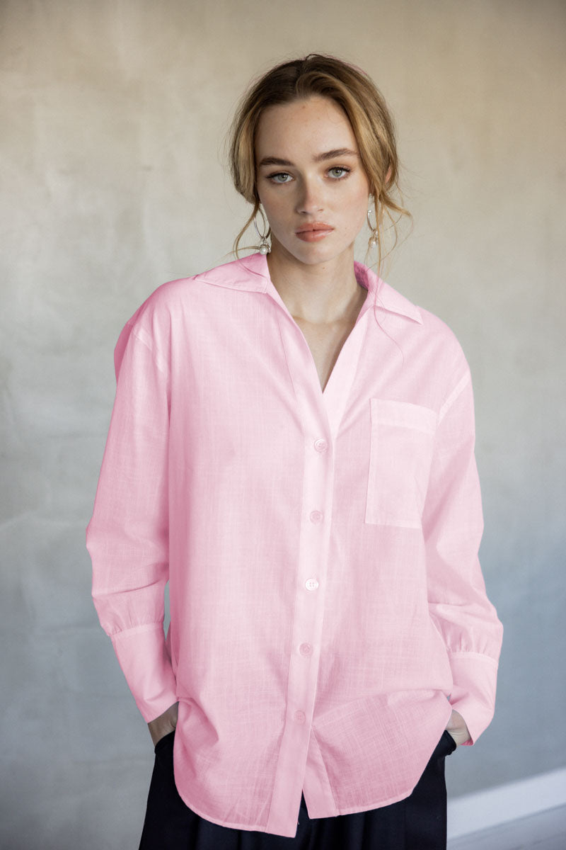 Make You Mine Cotton Button-Up Shirt (Pink) front view