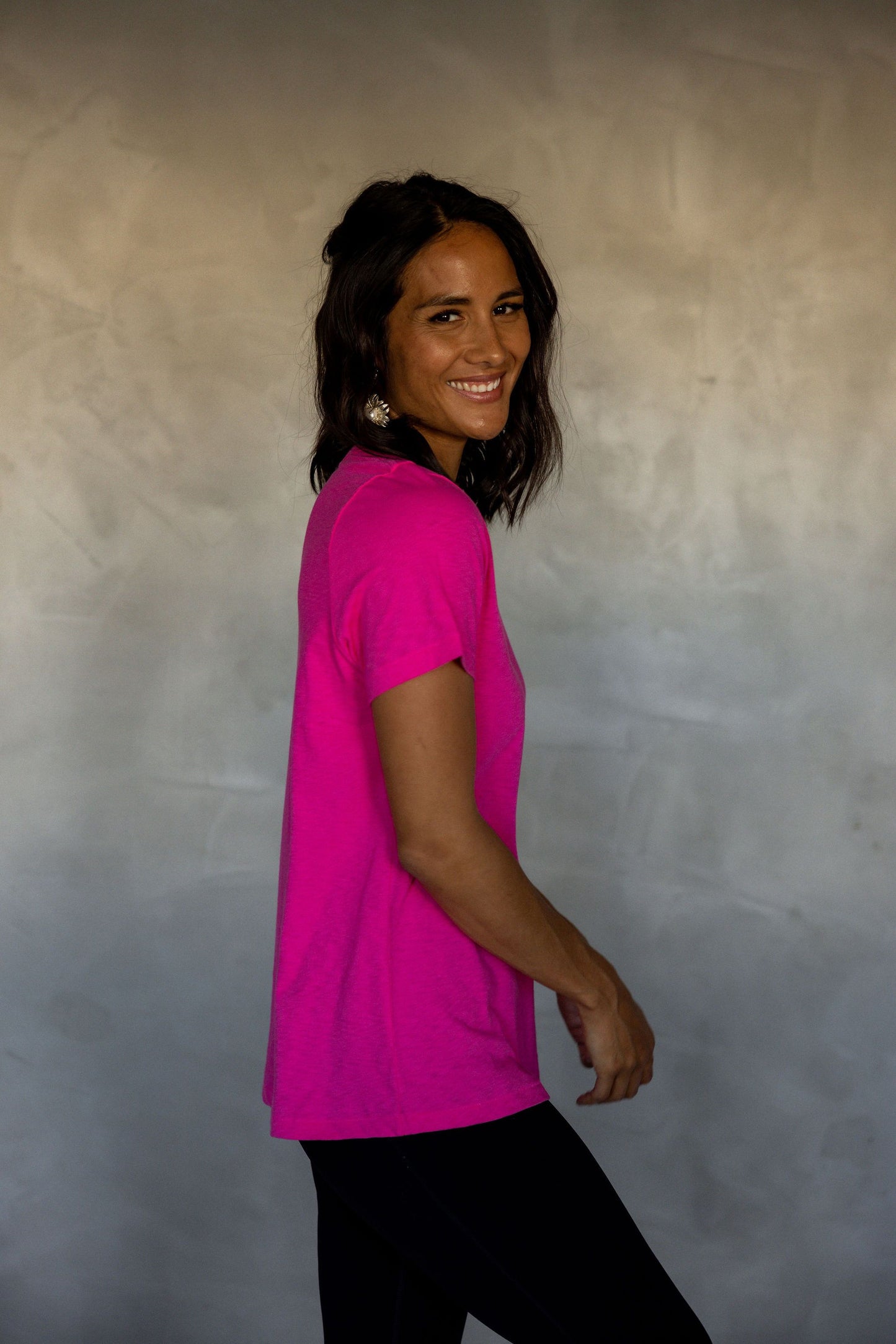 Before We Expire V-Neck Pima Cotton T-Shirt - Fuchsia Fedora side view