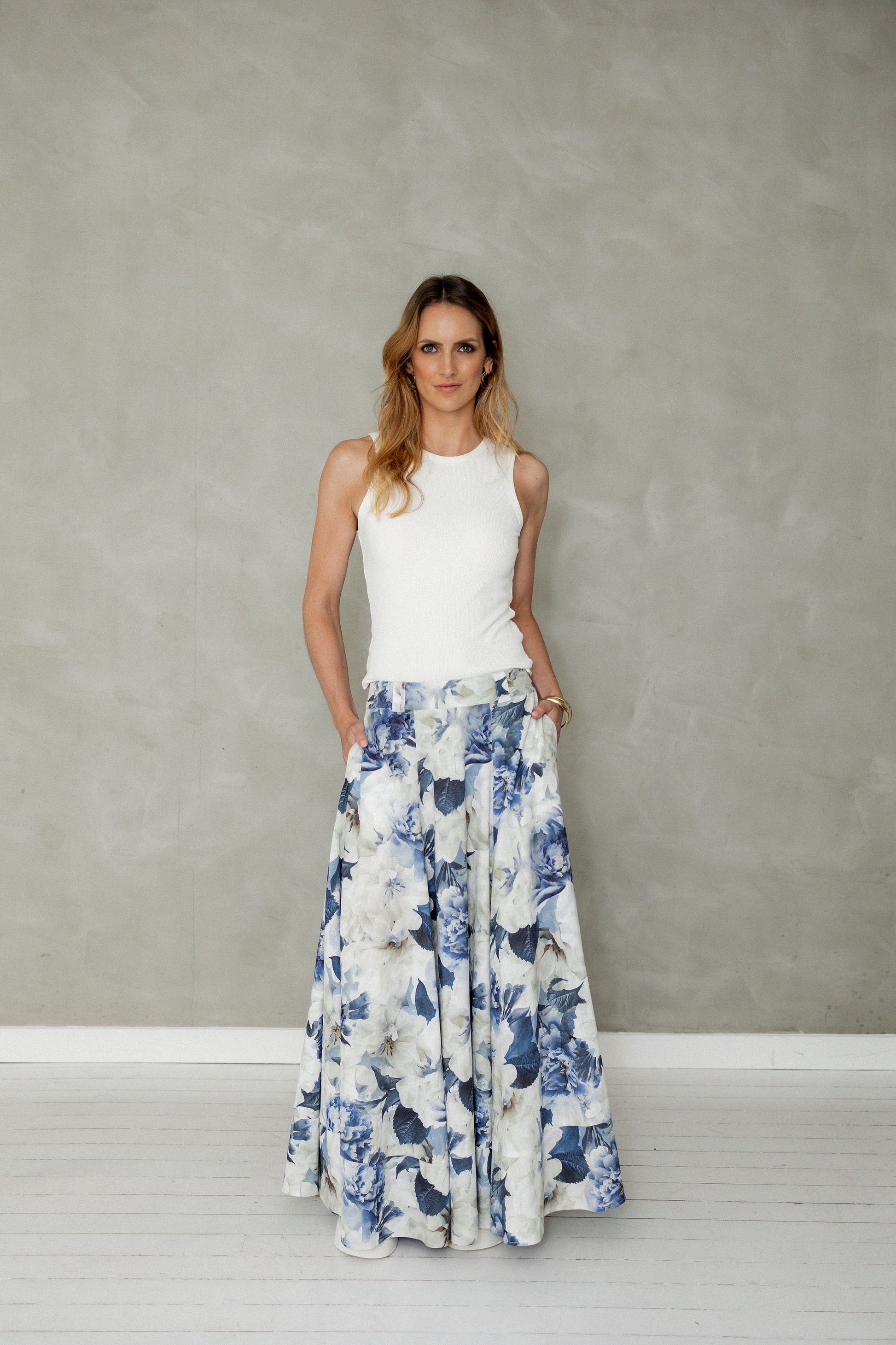 Never Be Maxi Cotton Skirt Blue Floral Print front view