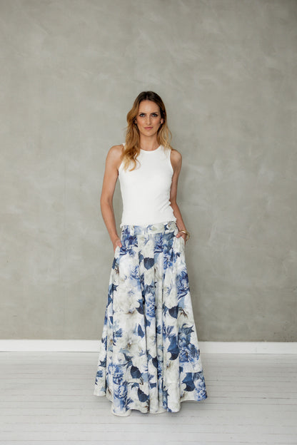 Never Be Maxi Cotton Skirt Blue Floral Print front view