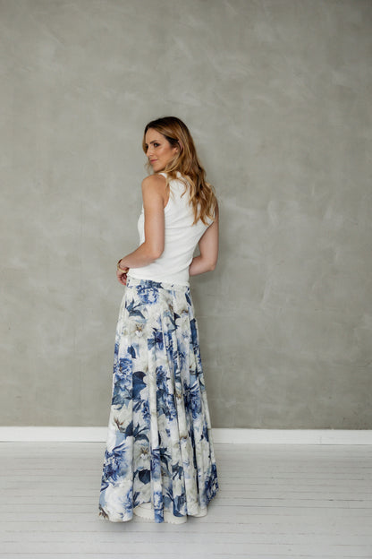 Never Be Maxi Cotton Skirt Blue Floral Print back view