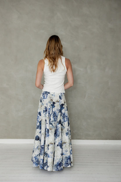 Never Be Maxi Cotton Skirt Blue Floral Print back view