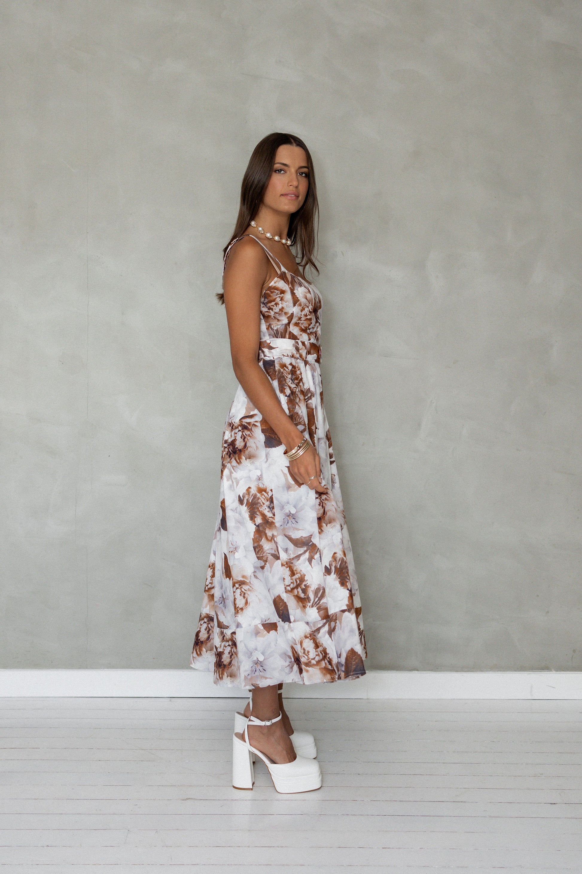 Wait For Me Cotton Midi Dress Brown Floral side view