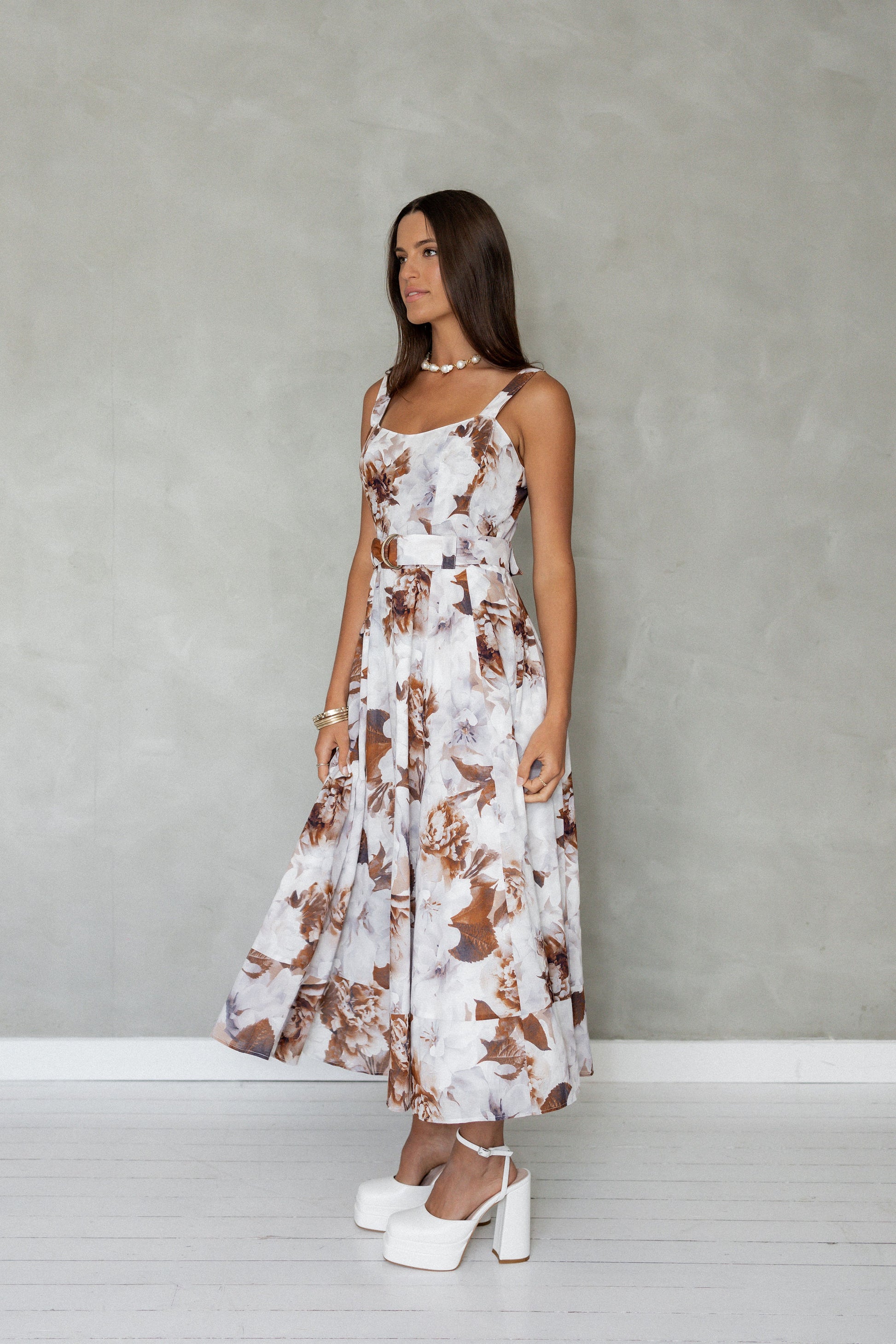 Wait For Me Cotton Midi Dress Brown Floral side view