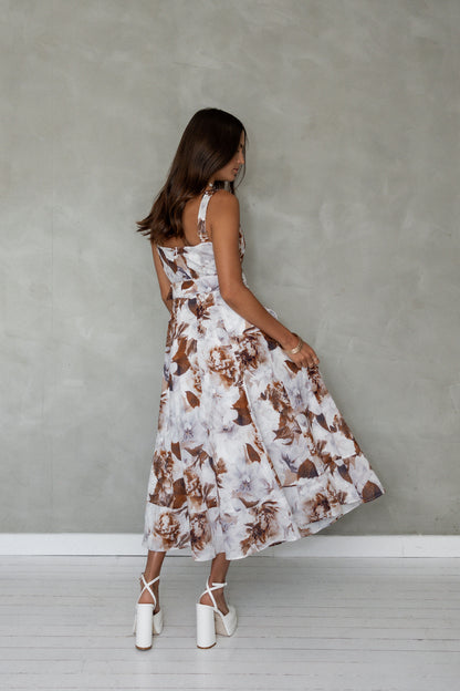 Wait For Me Cotton Midi Dress Brown Floral back view